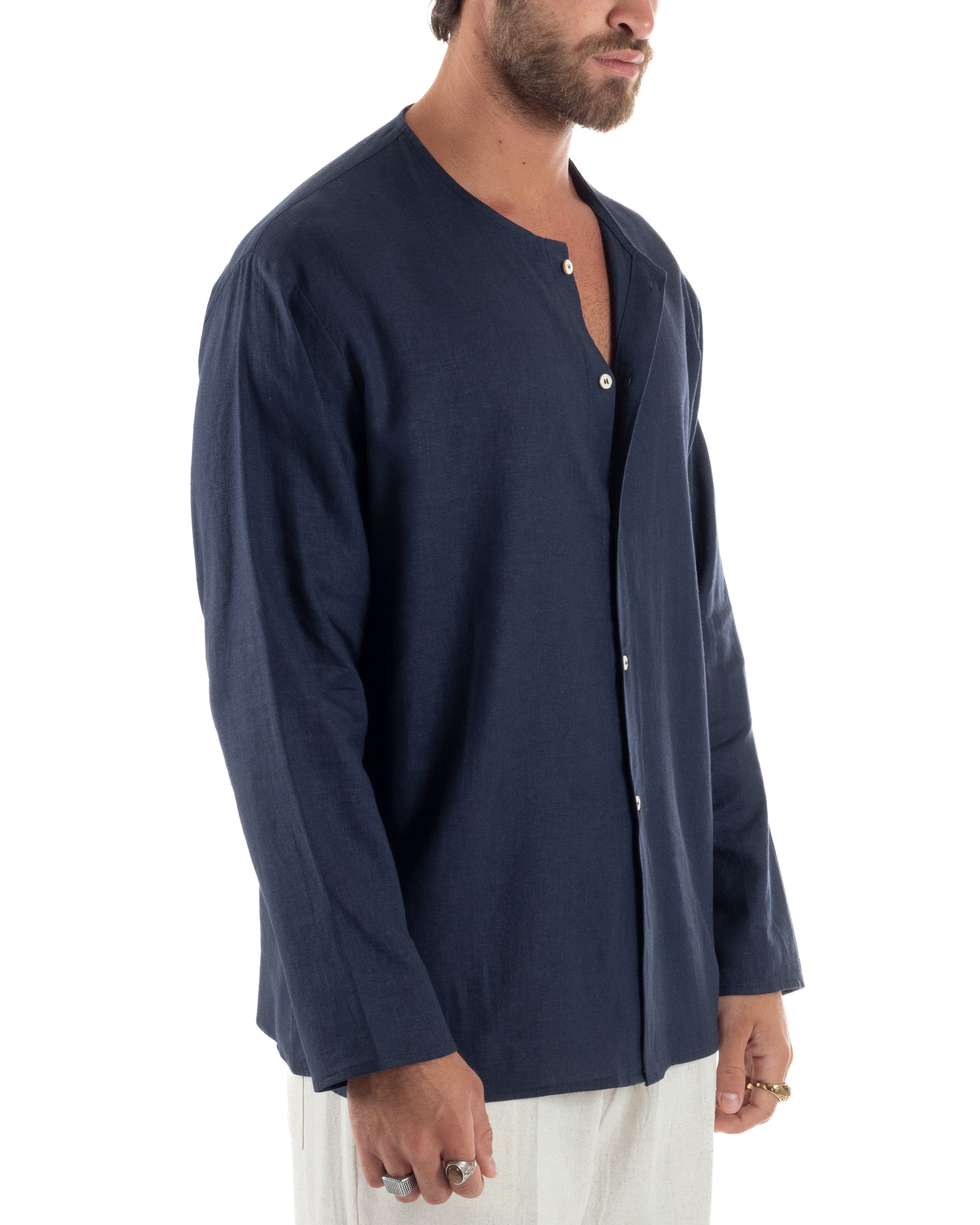 Camicia Lino Casacca Relaxed Fit Collo Coreano Blu C2968A