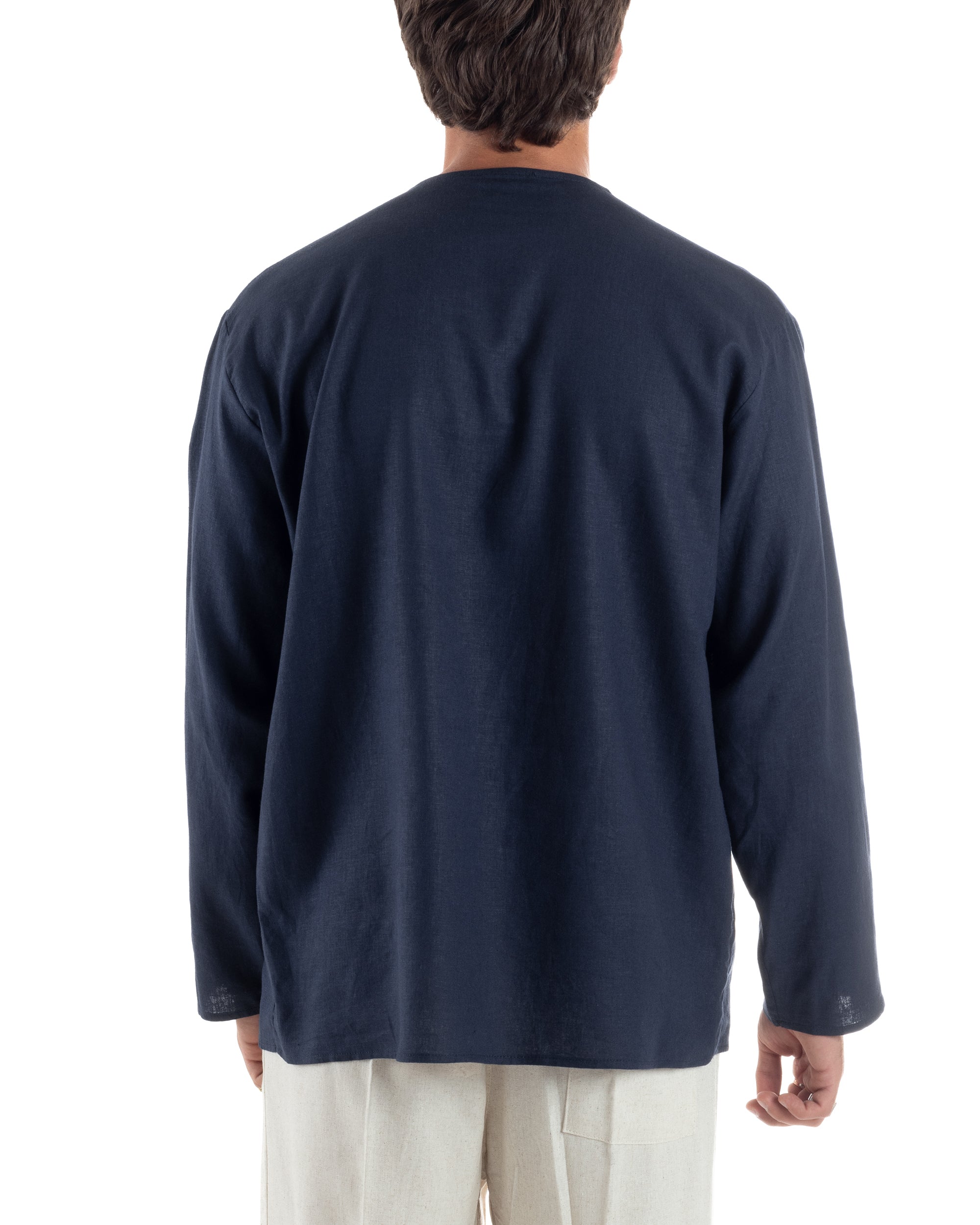 Camicia Lino Casacca Relaxed Fit Collo Coreano Blu C2968A