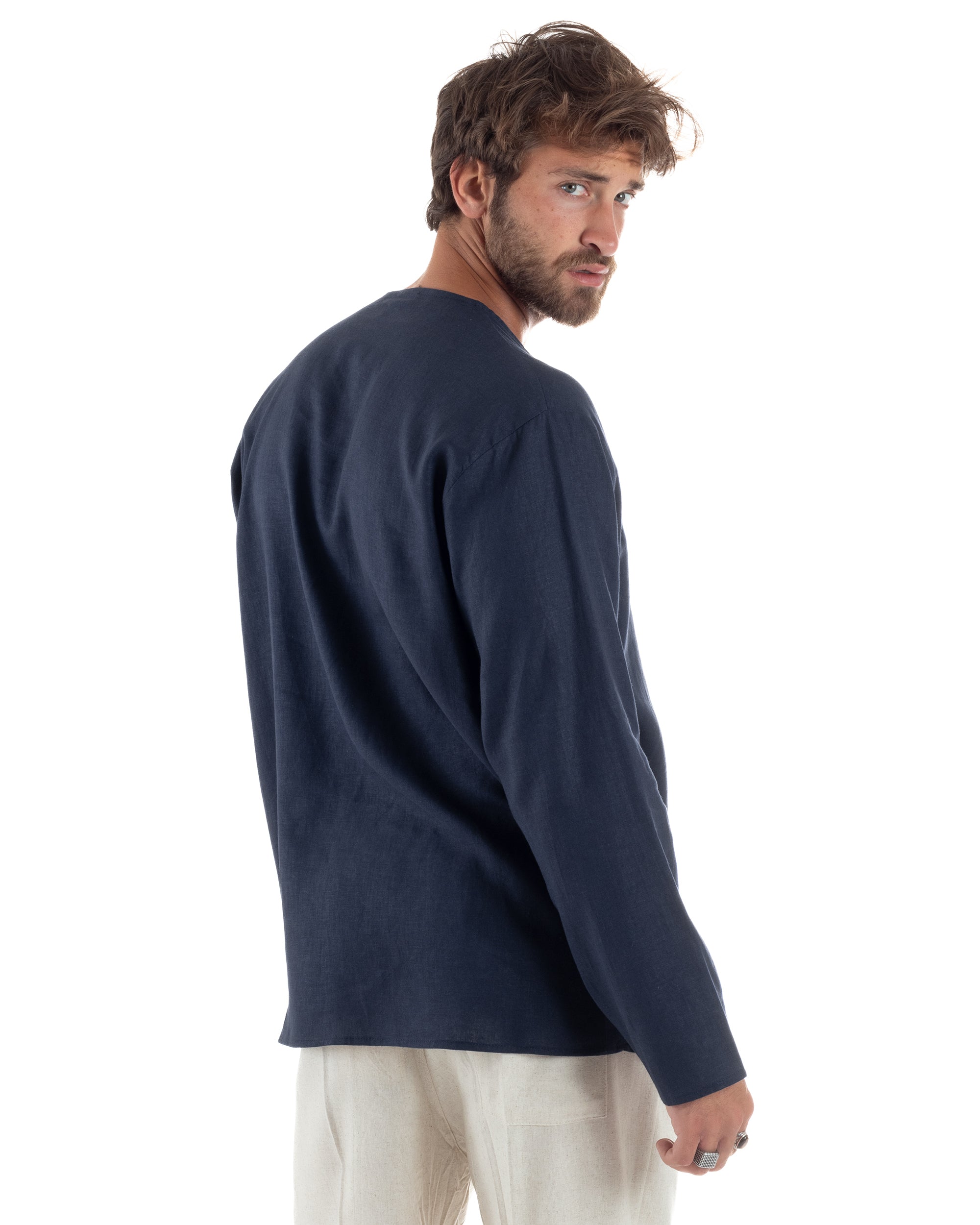 Camicia Lino Casacca Relaxed Fit Collo Coreano Blu C2968A