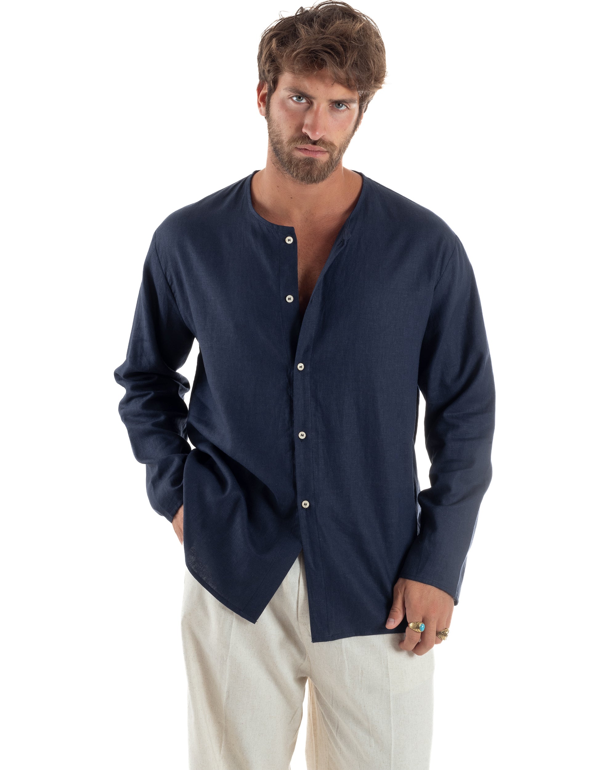 Camicia Lino Casacca Relaxed Fit Collo Coreano Blu C2968A