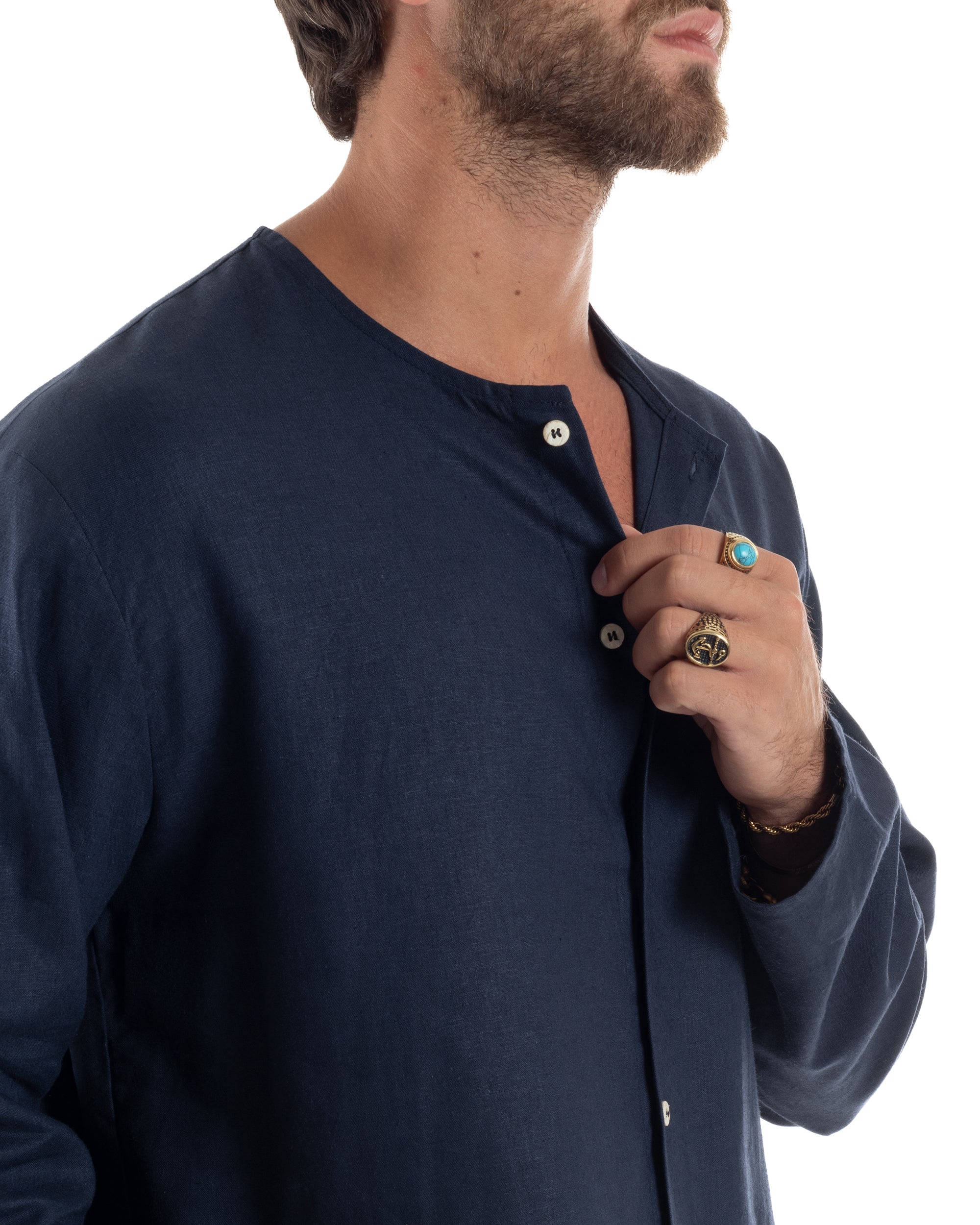 Camicia Lino Casacca Relaxed Fit Collo Coreano Blu C2968A