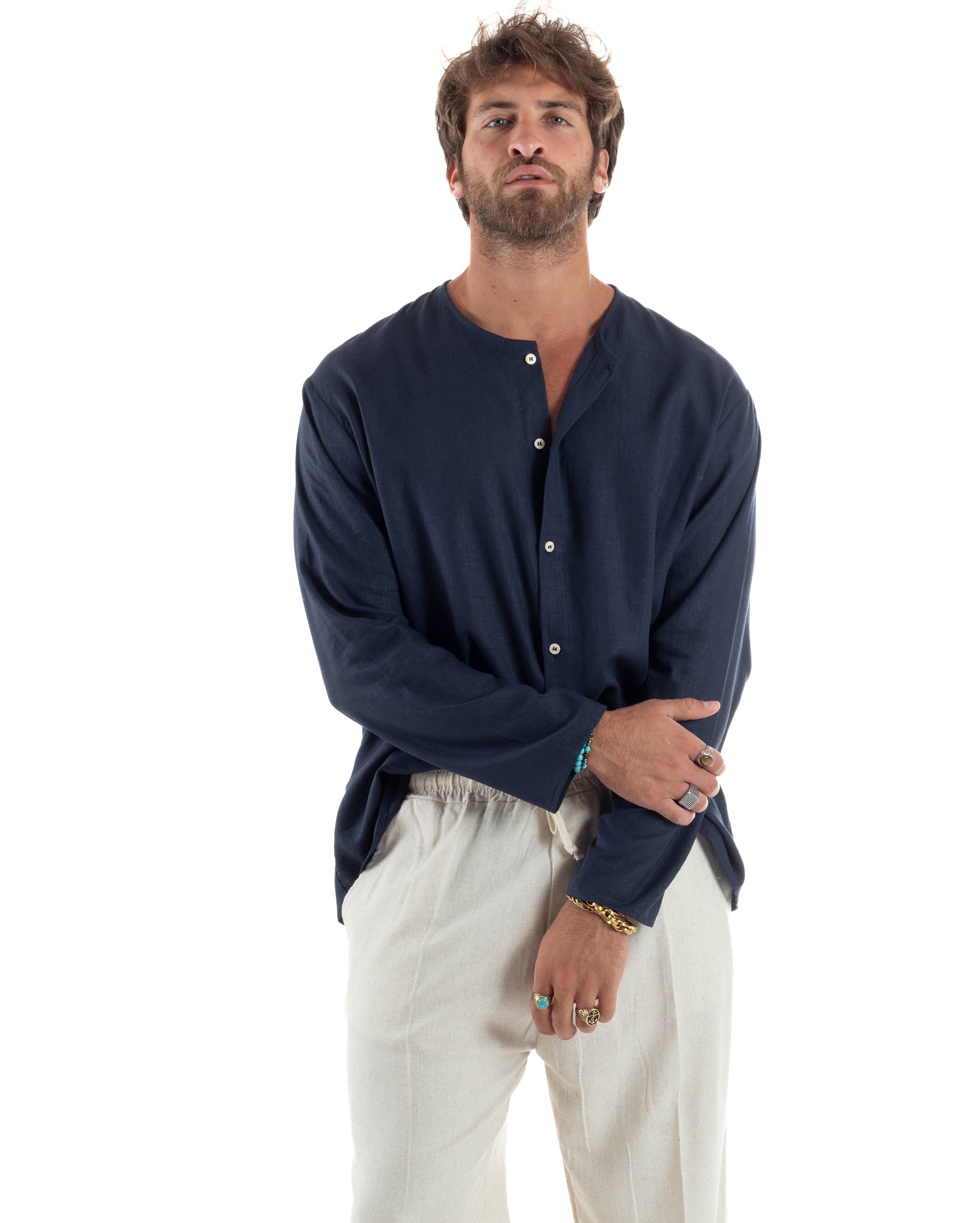 Camicia Lino Casacca Relaxed Fit Collo Coreano Blu C2968A