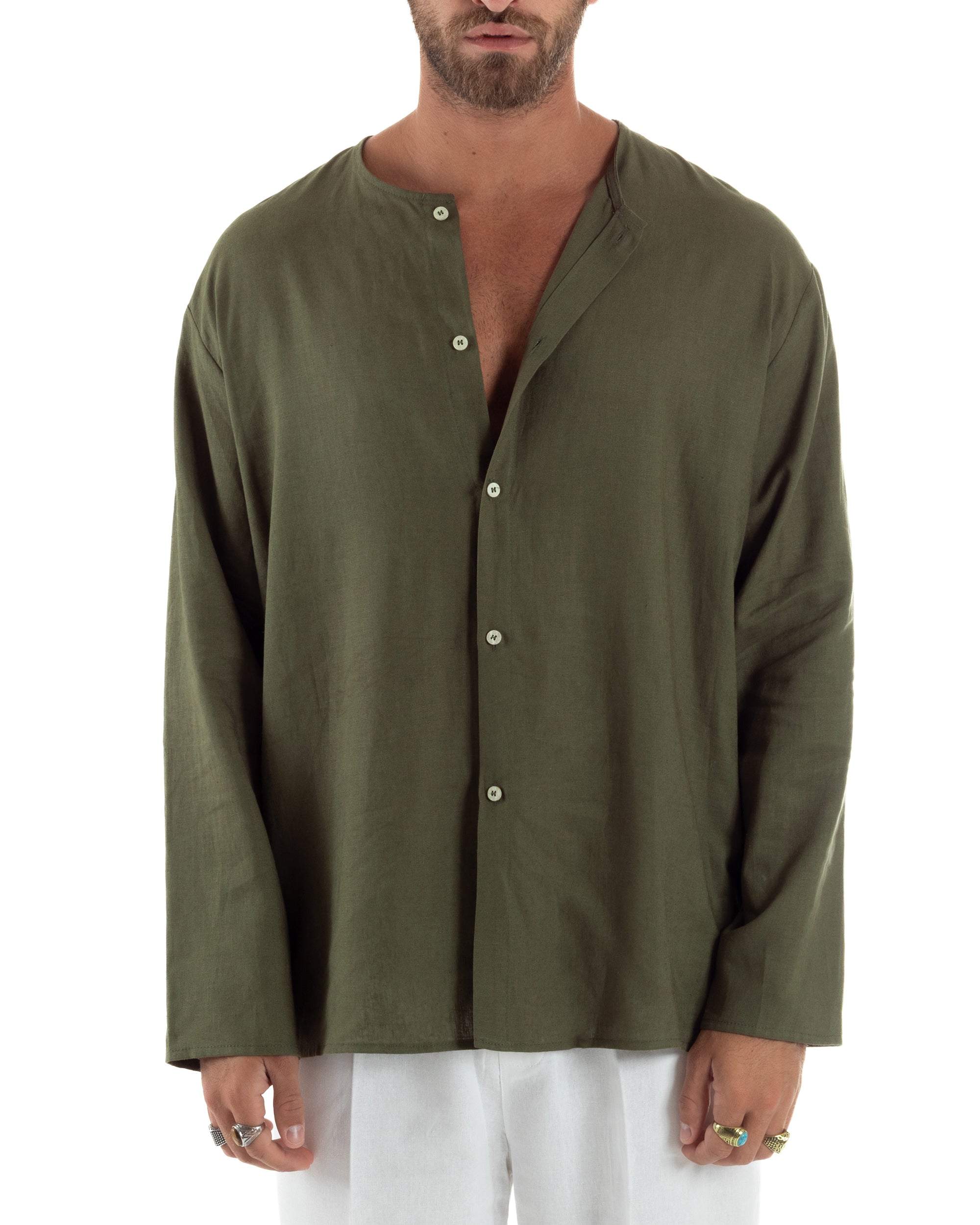 Camicia Lino Casacca Relaxed Fit Collo Coreano Verde C2971A
