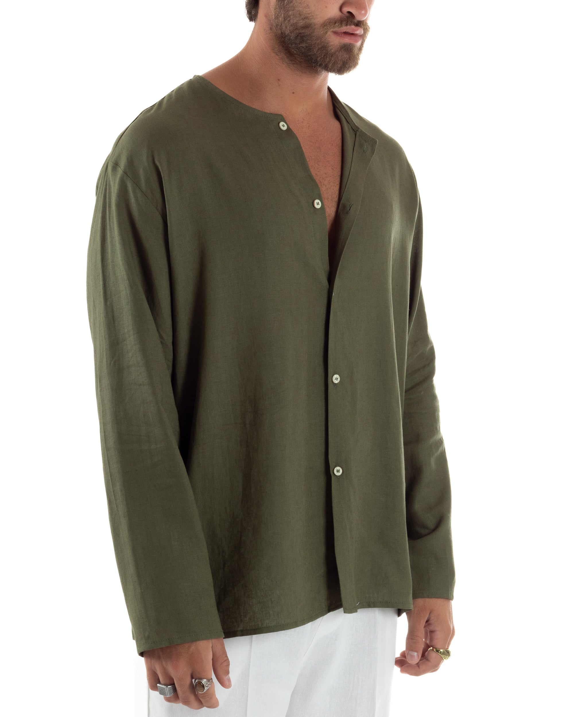 Camicia Lino Casacca Relaxed Fit Collo Coreano Verde C2971A