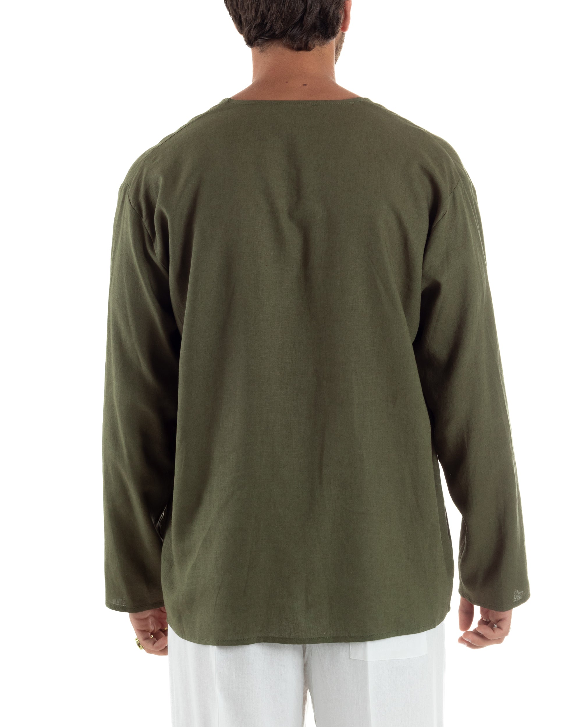 Camicia Lino Casacca Relaxed Fit Collo Coreano Verde C2971A