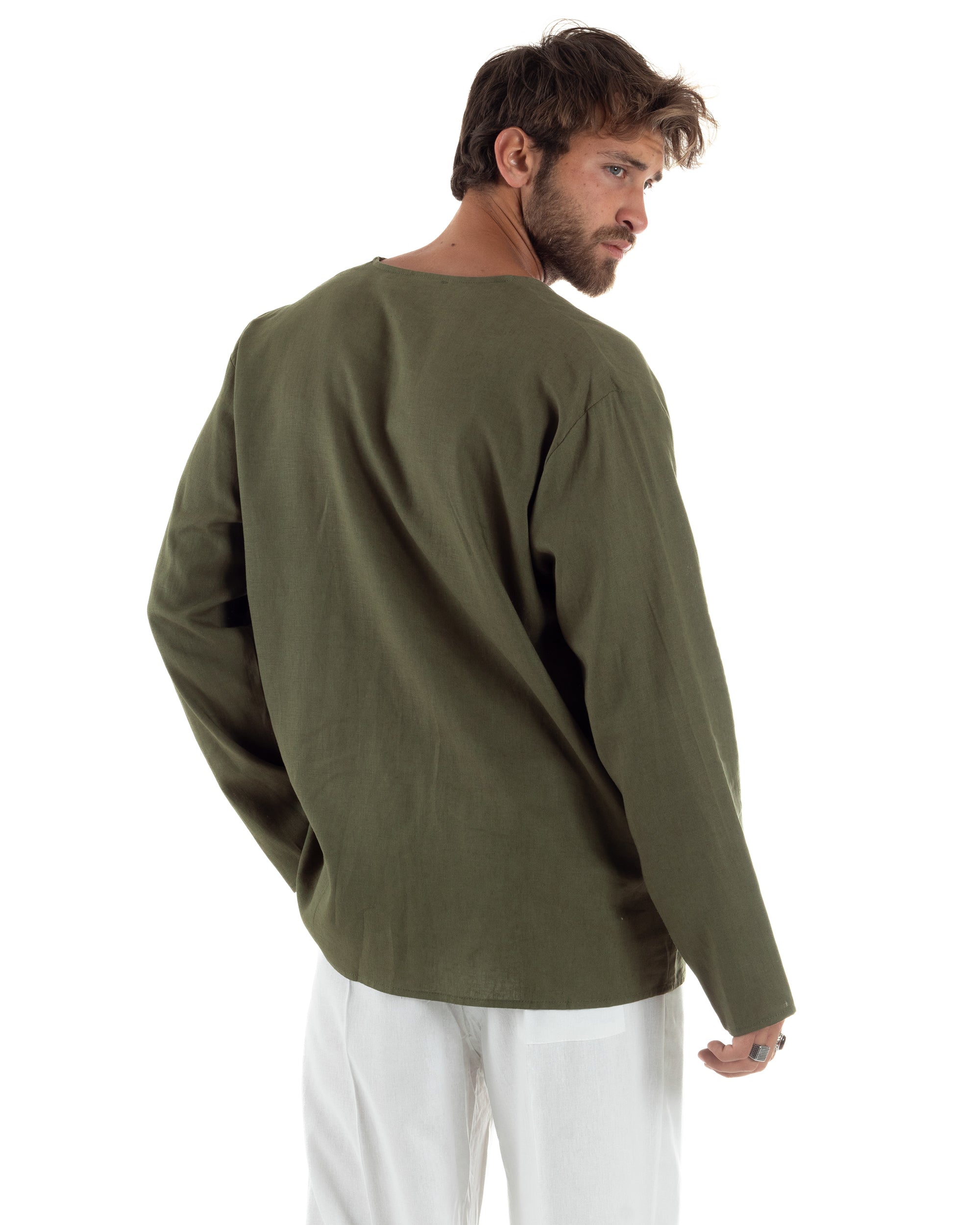 Camicia Lino Casacca Relaxed Fit Collo Coreano Verde C2971A