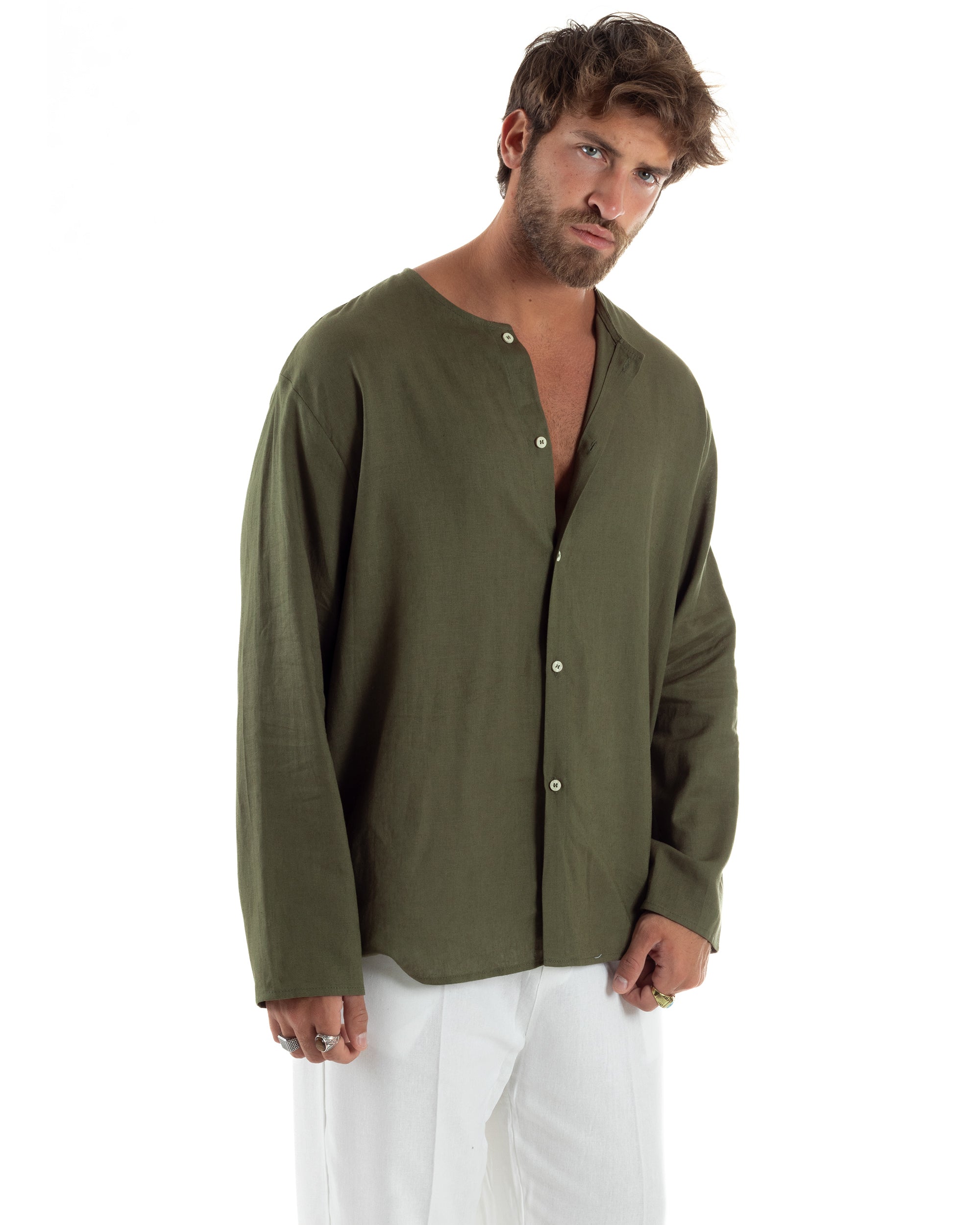 Camicia Lino Casacca Relaxed Fit Collo Coreano Verde C2971A