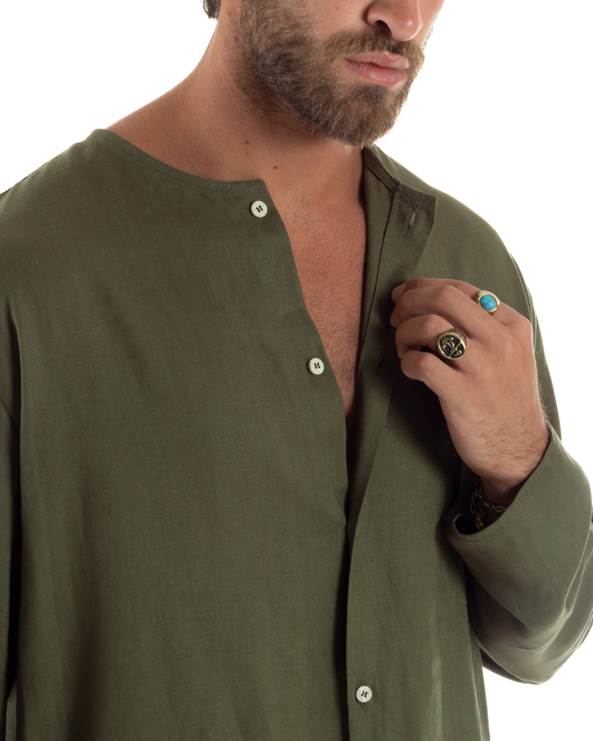 Camicia Lino Casacca Relaxed Fit Collo Coreano Verde C2971A