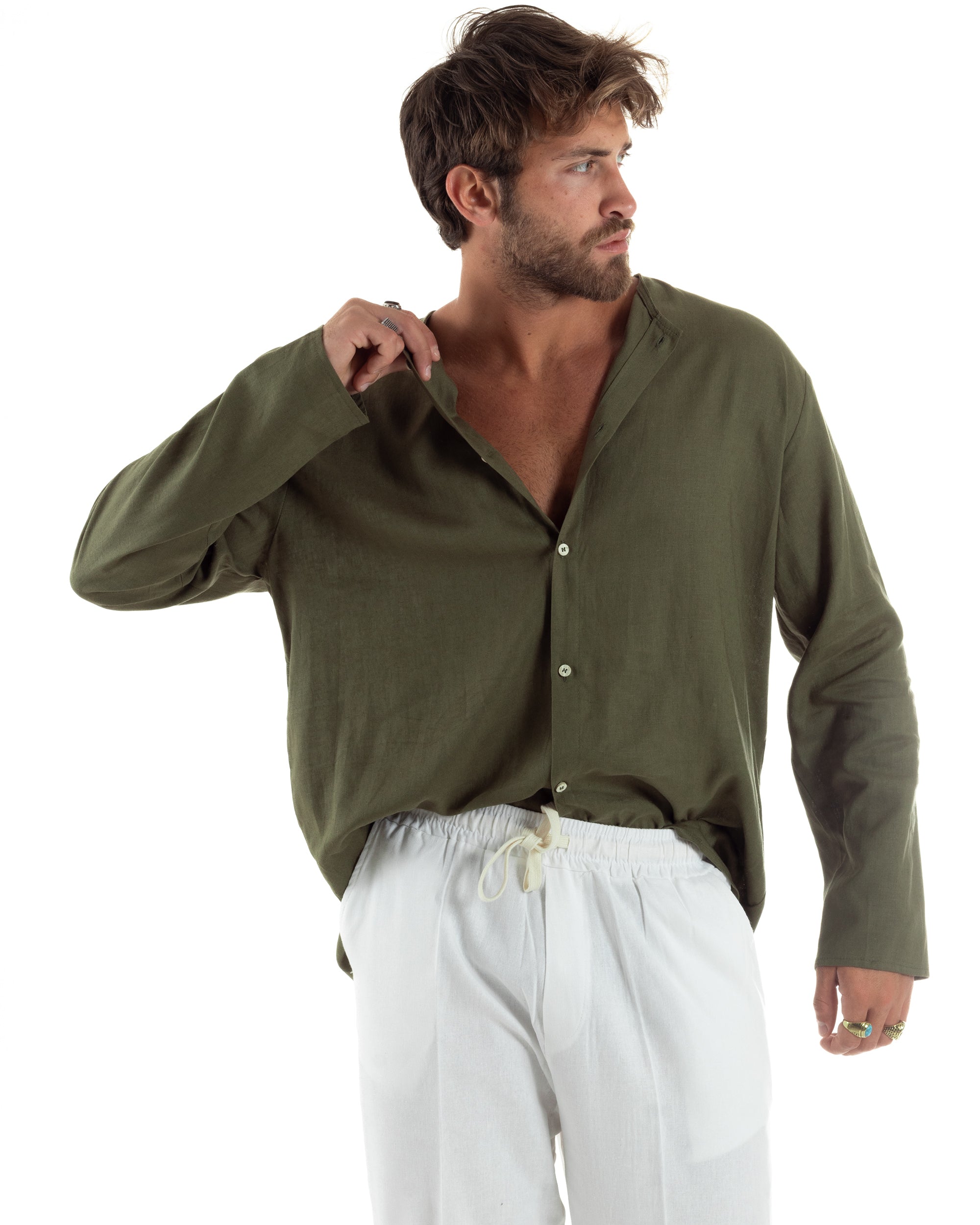 Camicia Lino Casacca Relaxed Fit Collo Coreano Verde C2971A
