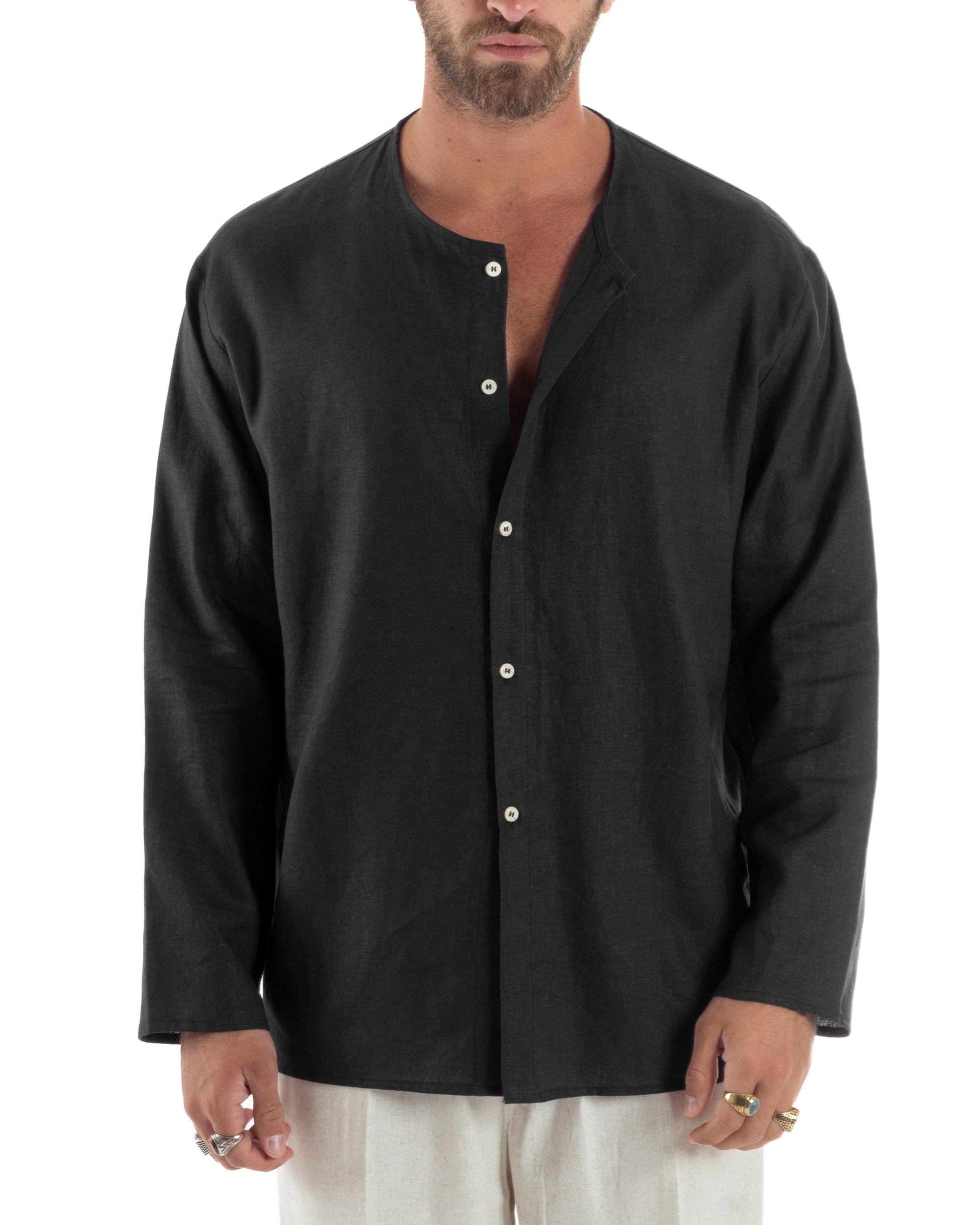 Camicia Lino Casacca Relaxed Fit Collo Coreano Nero C2972A