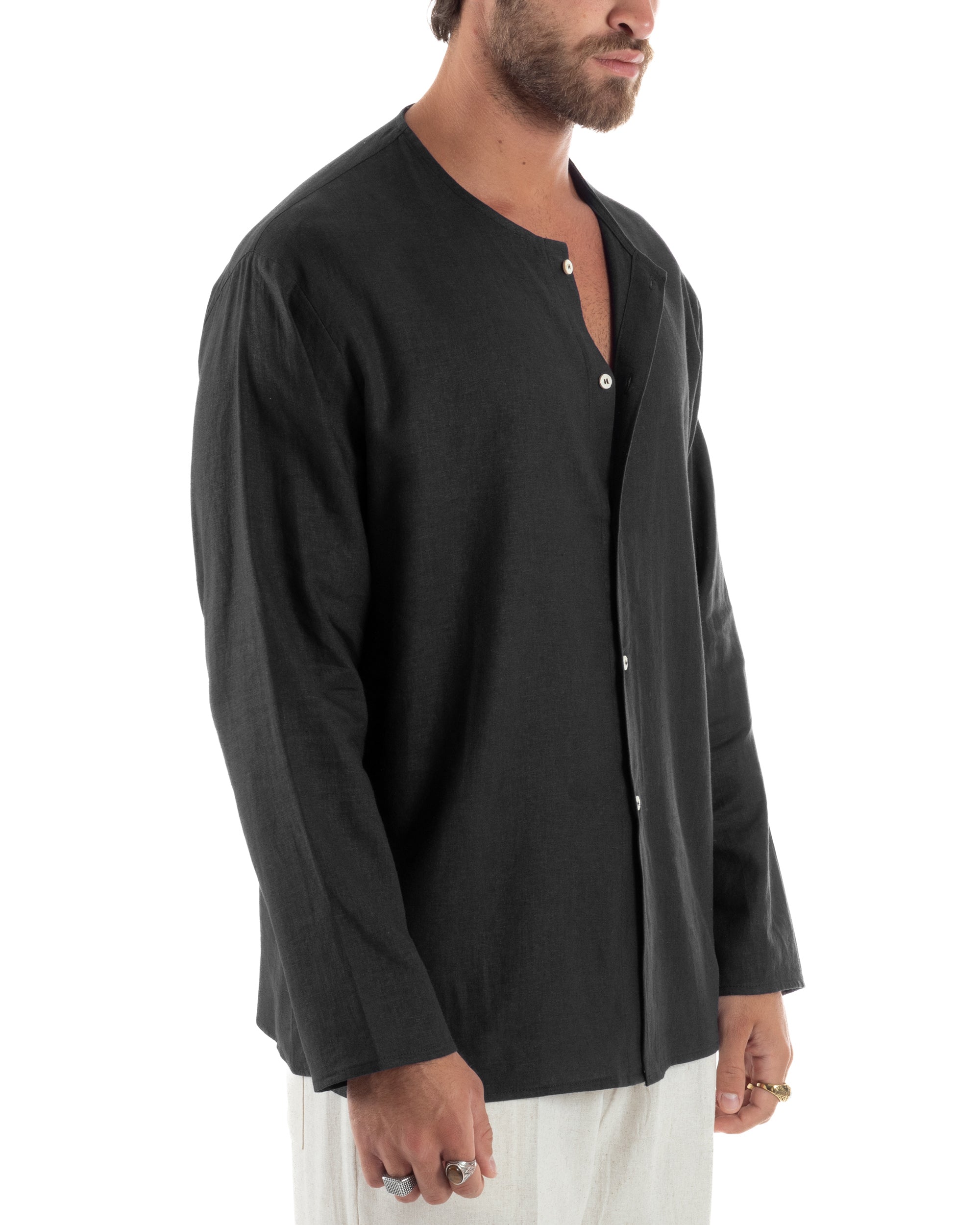 Camicia Lino Casacca Relaxed Fit Collo Coreano Nero C2972A