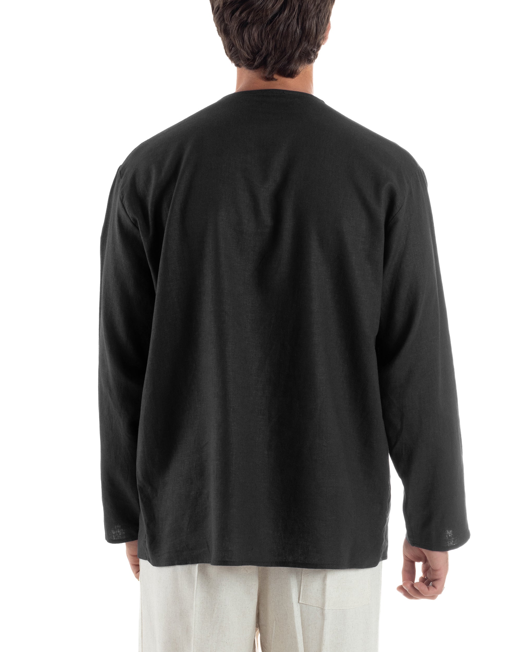 Camicia Lino Casacca Relaxed Fit Collo Coreano Nero C2972A