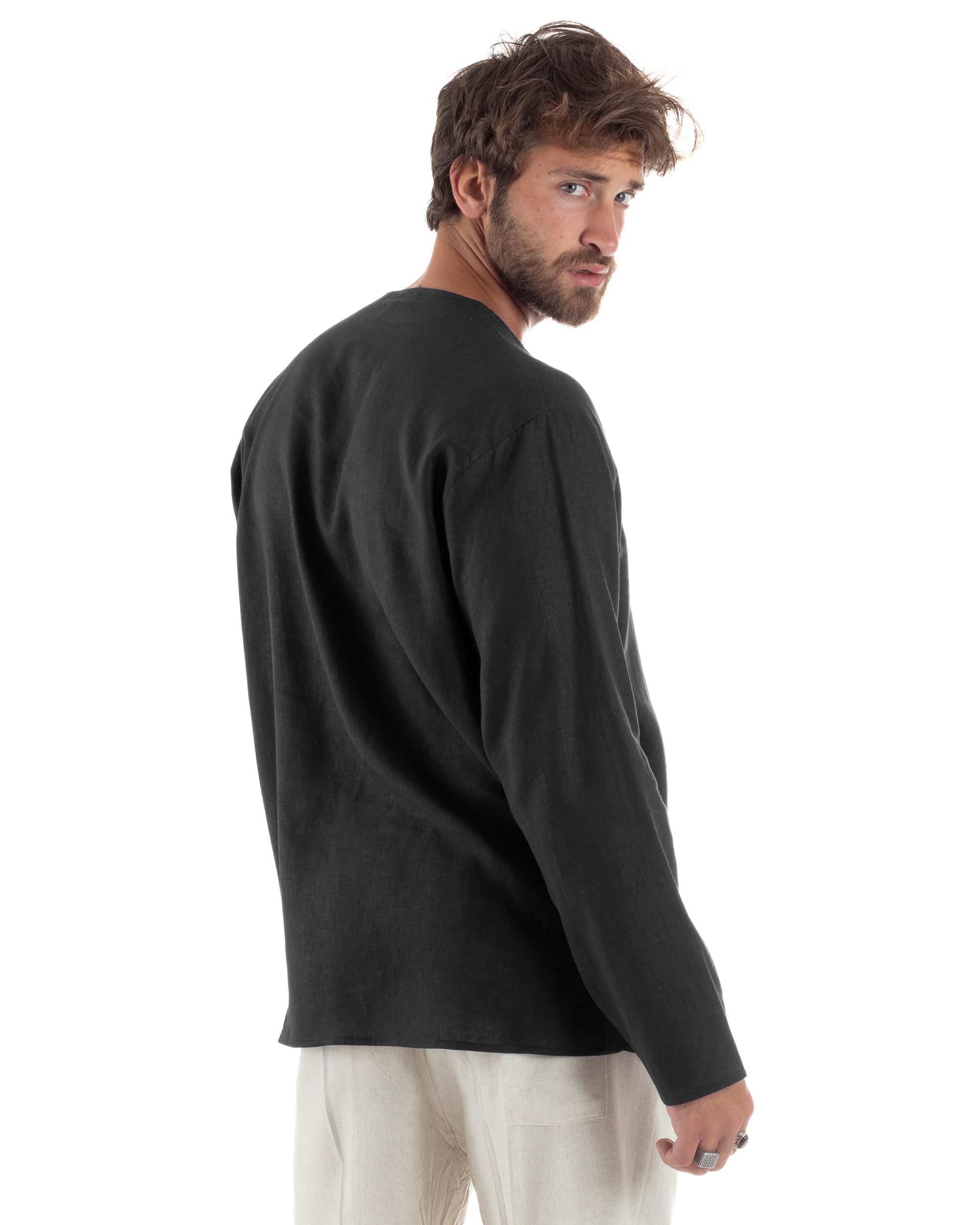 Camicia Lino Casacca Relaxed Fit Collo Coreano Nero C2972A