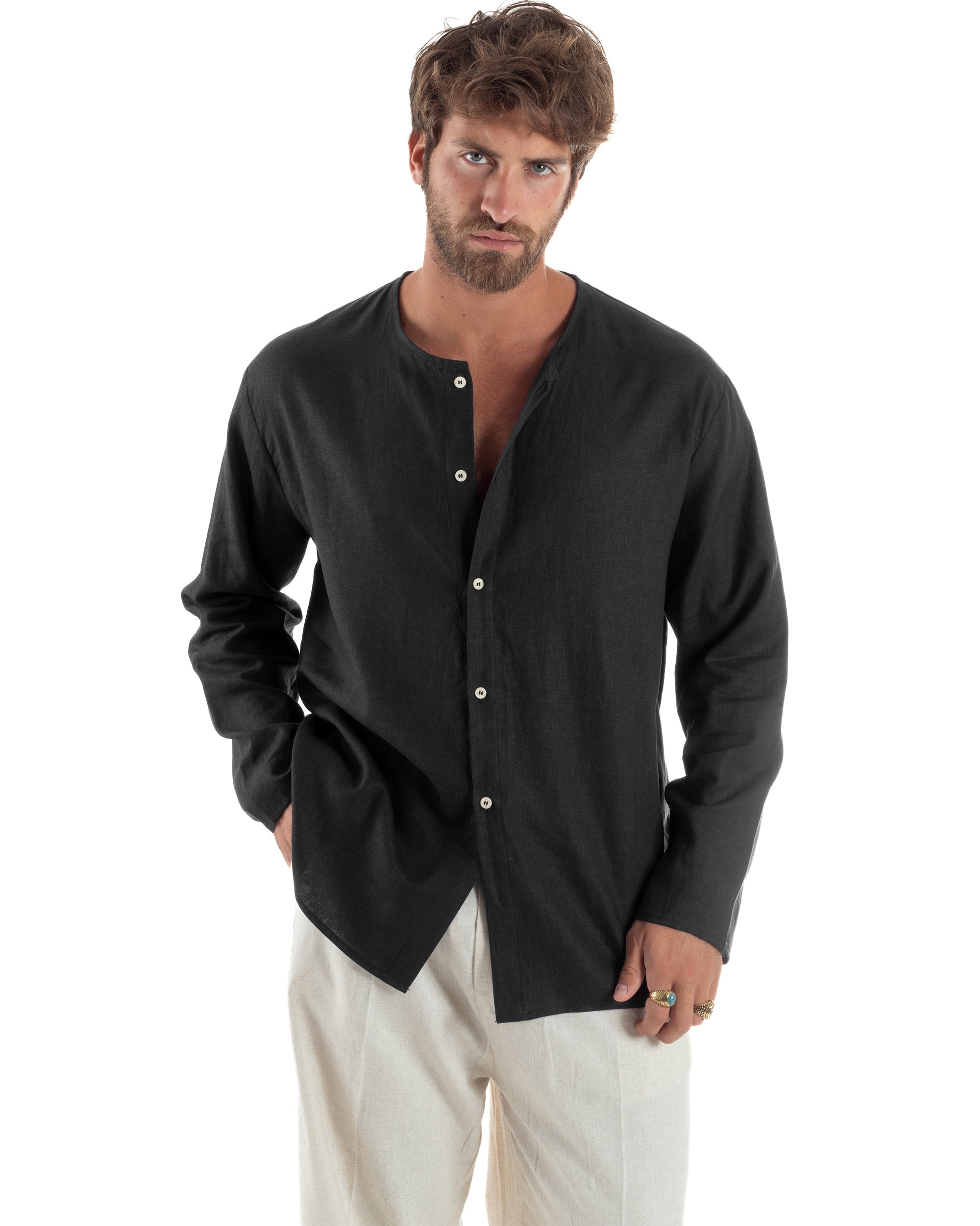 Camicia Lino Casacca Relaxed Fit Collo Coreano Nero C2972A