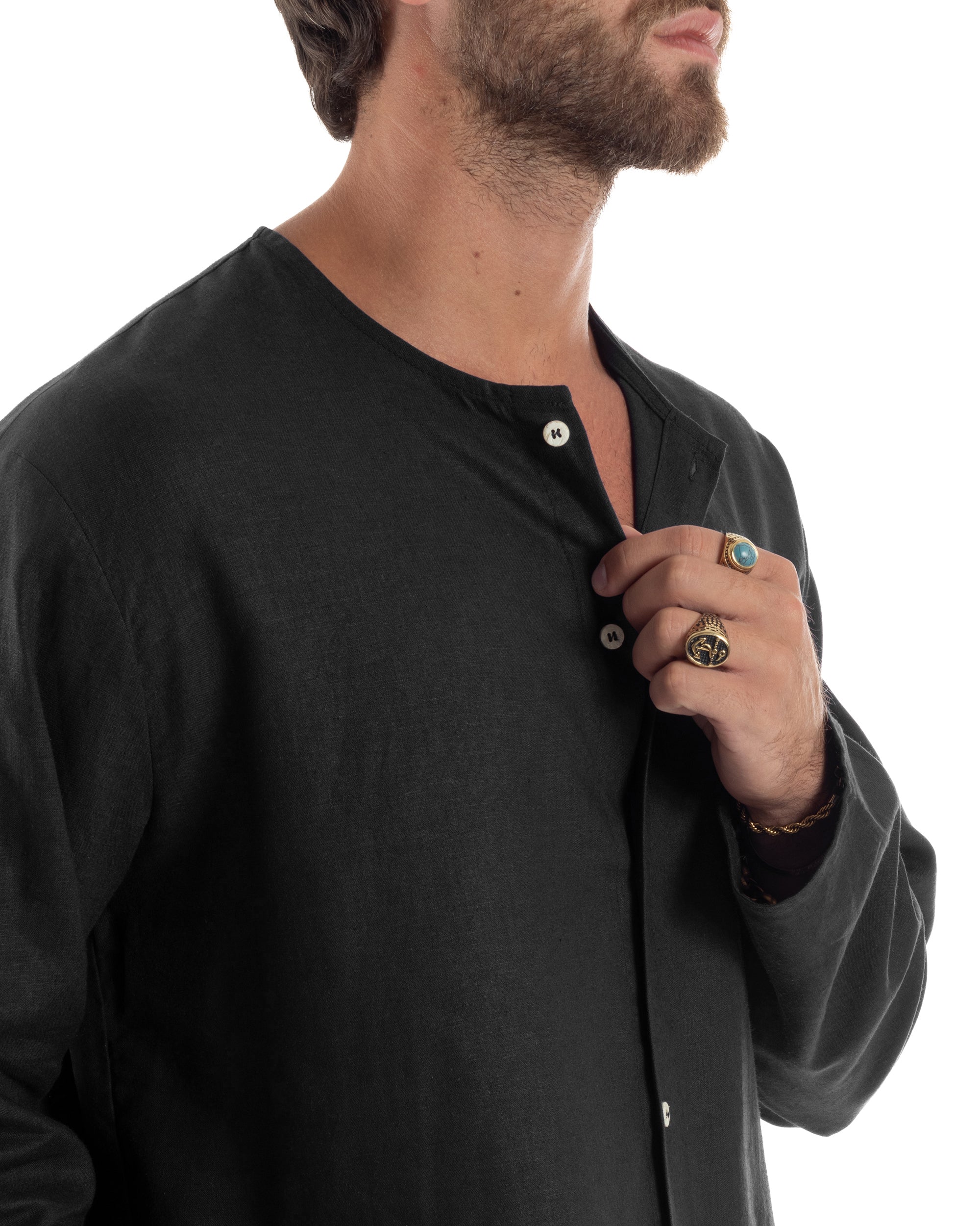 Camicia Lino Casacca Relaxed Fit Collo Coreano Nero C2972A