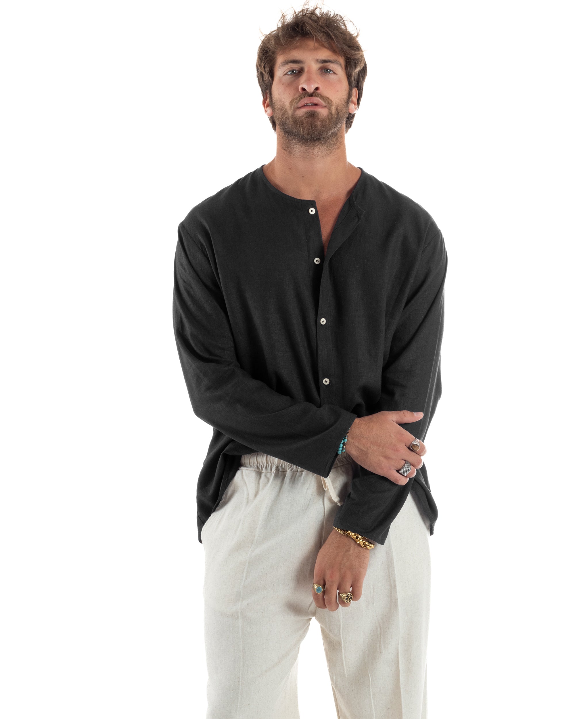 Camicia Lino Casacca Relaxed Fit Collo Coreano Nero C2972A