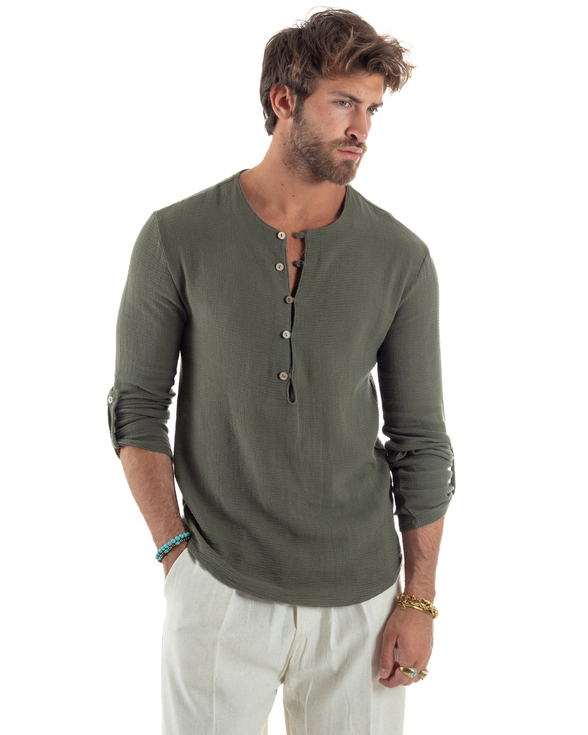 Camicia Maniche Lunghe Uomo Cotone Collo Serafino Scollo Rotondo Con Bottoncini Regular Fit Casual Verde GIOSAL-C2974A
