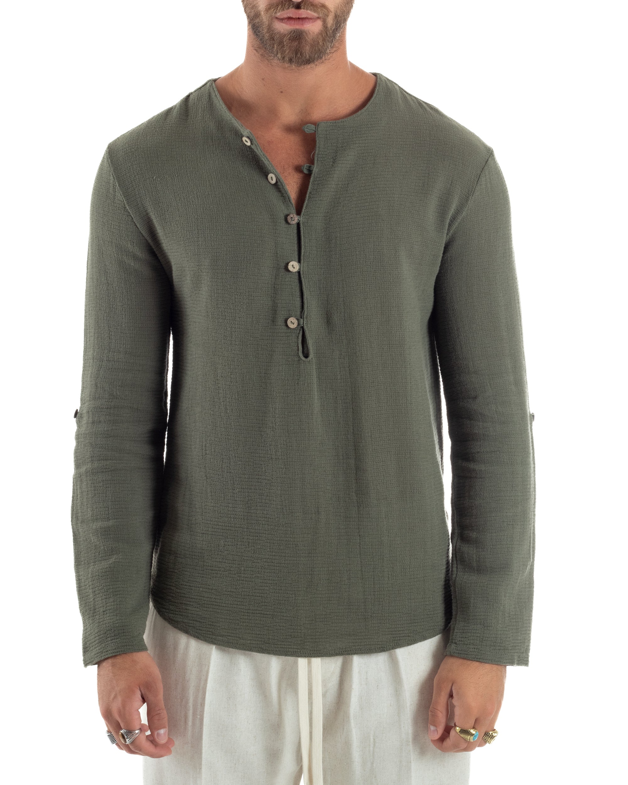 Camicia Maniche Lunghe Uomo Cotone Collo Serafino Scollo Rotondo Con Bottoncini Regular Fit Casual Verde GIOSAL-C2974A