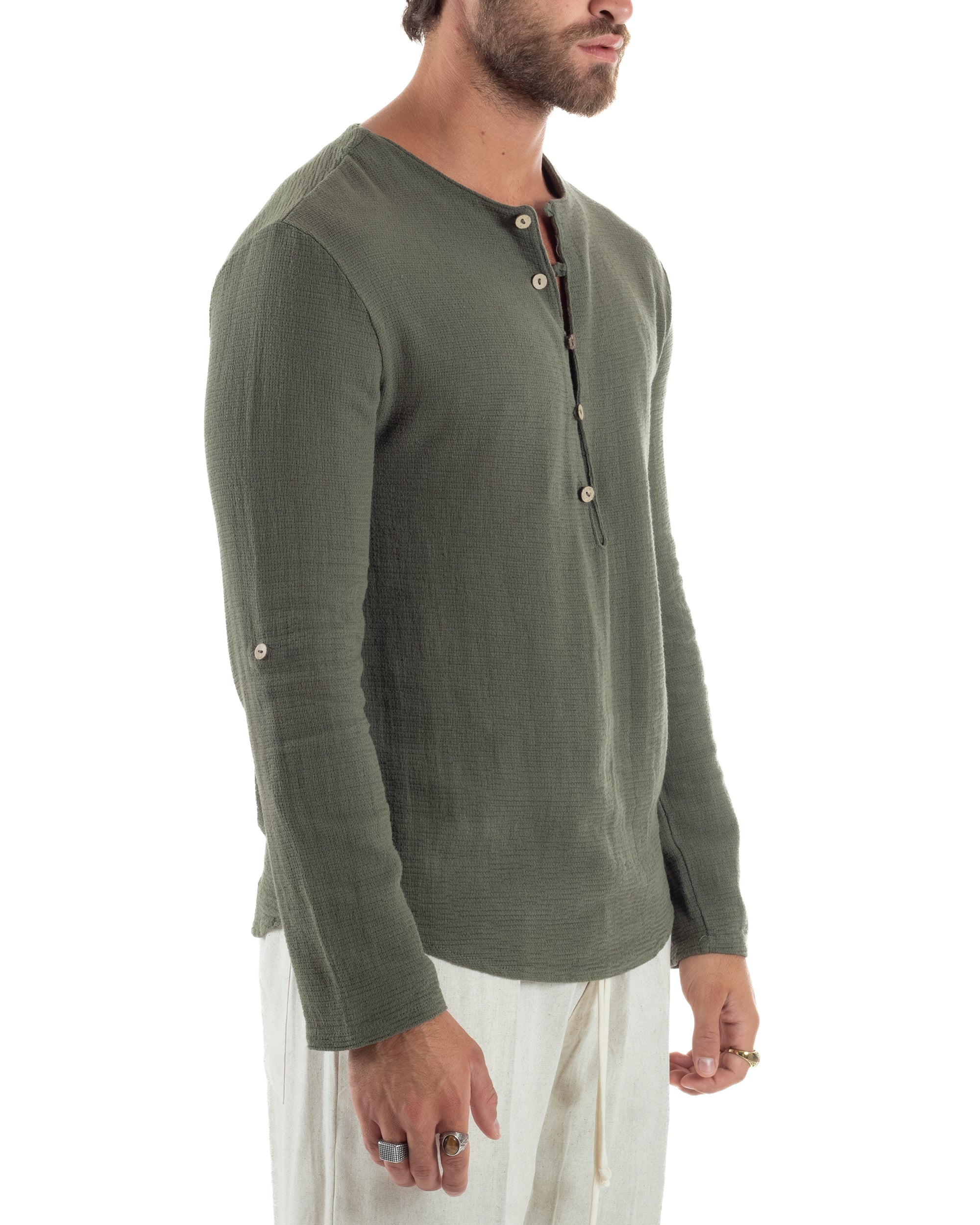 Camicia Maniche Lunghe Uomo Cotone Collo Serafino Scollo Rotondo Con Bottoncini Regular Fit Casual Verde GIOSAL-C2974A