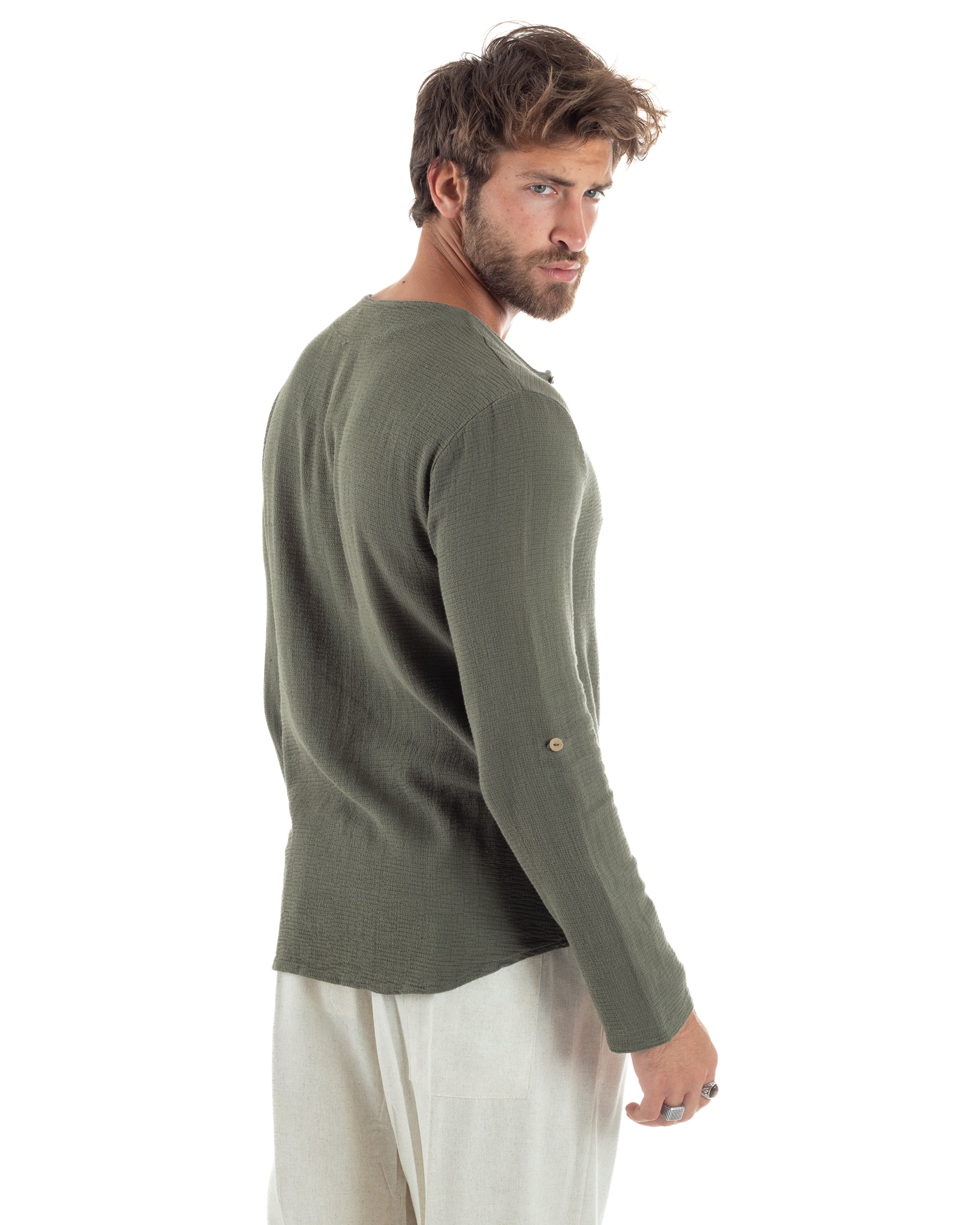 Camicia Maniche Lunghe Uomo Cotone Collo Serafino Scollo Rotondo Con Bottoncini Regular Fit Casual Verde GIOSAL-C2974A