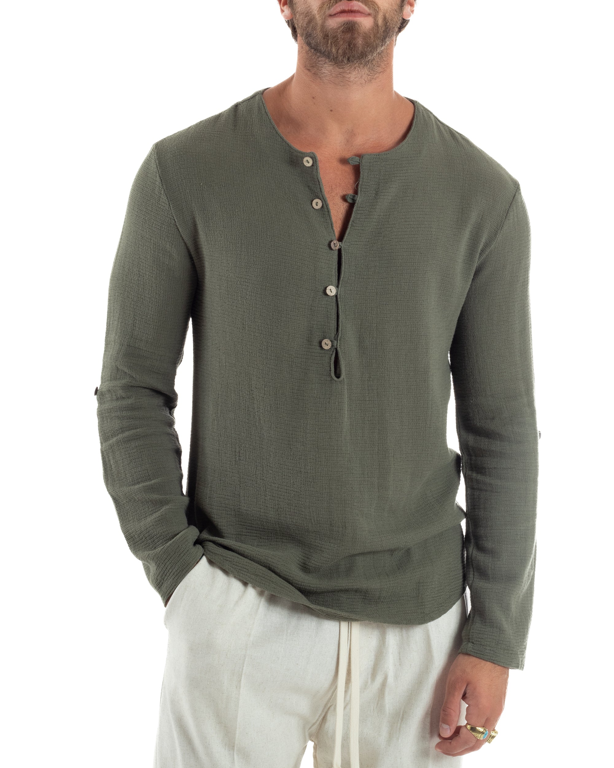 Camicia Maniche Lunghe Uomo Cotone Collo Serafino Scollo Rotondo Con Bottoncini Regular Fit Casual Verde GIOSAL-C2974A