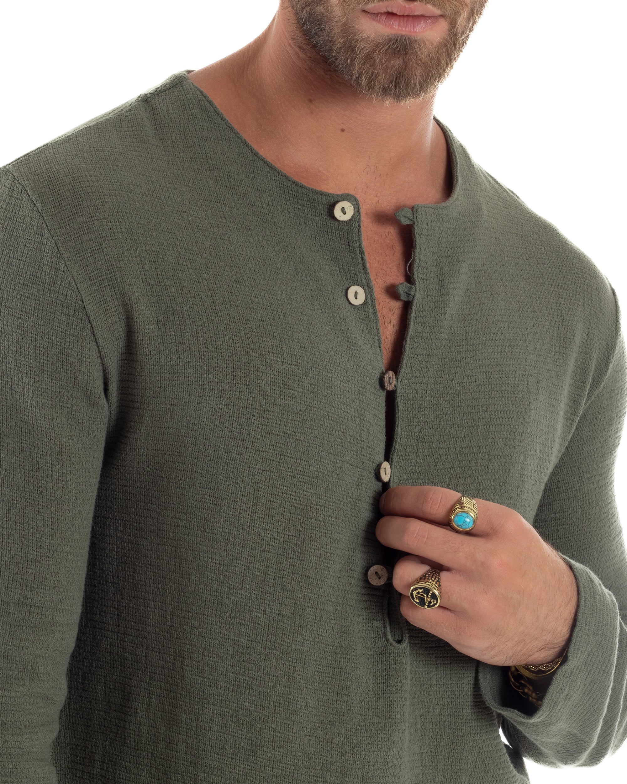 Camicia Maniche Lunghe Uomo Cotone Collo Serafino Scollo Rotondo Con Bottoncini Regular Fit Casual Verde GIOSAL-C2974A