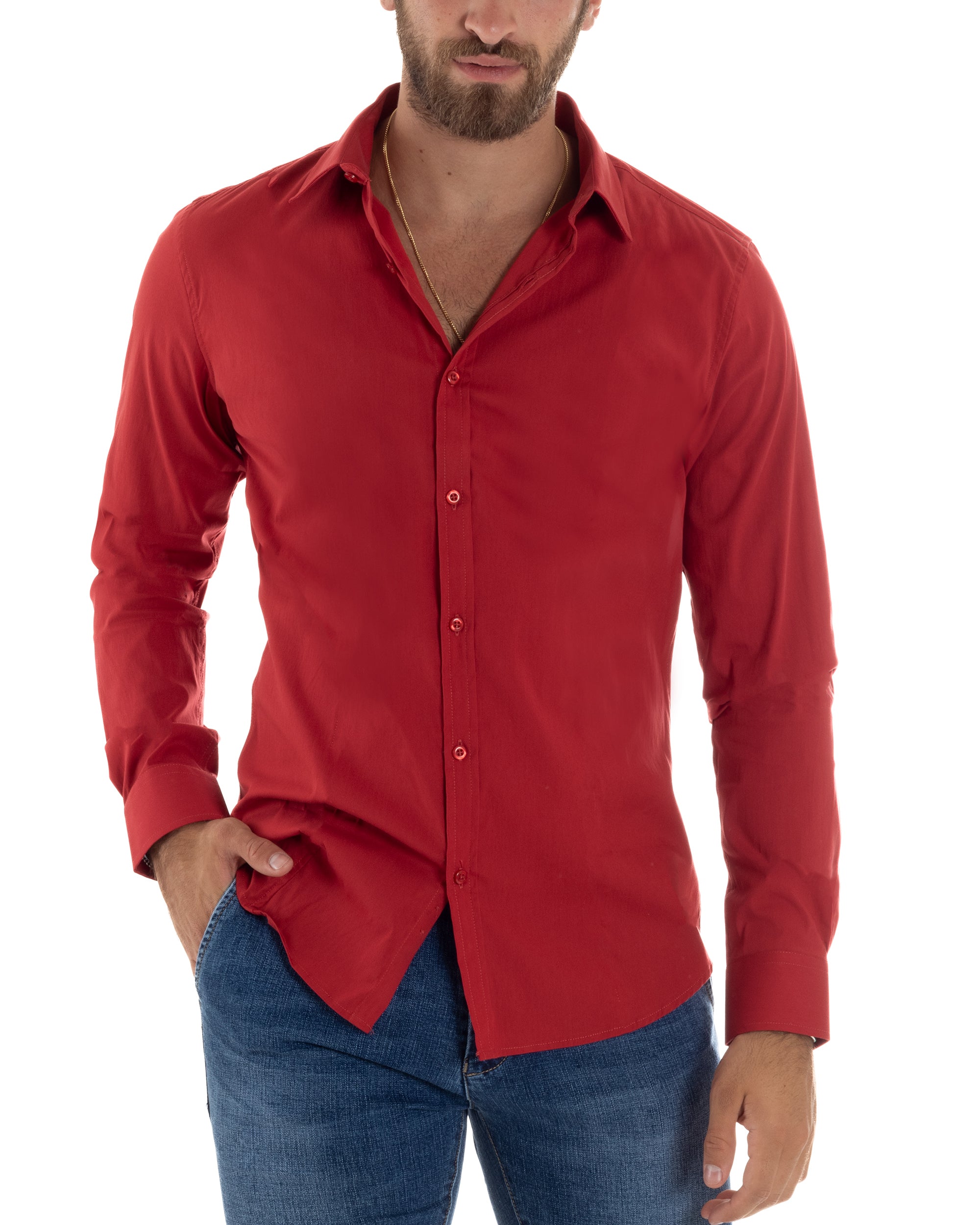 Camicia Uomo Collo Francese Basic Slim Fit Rosso C2975A