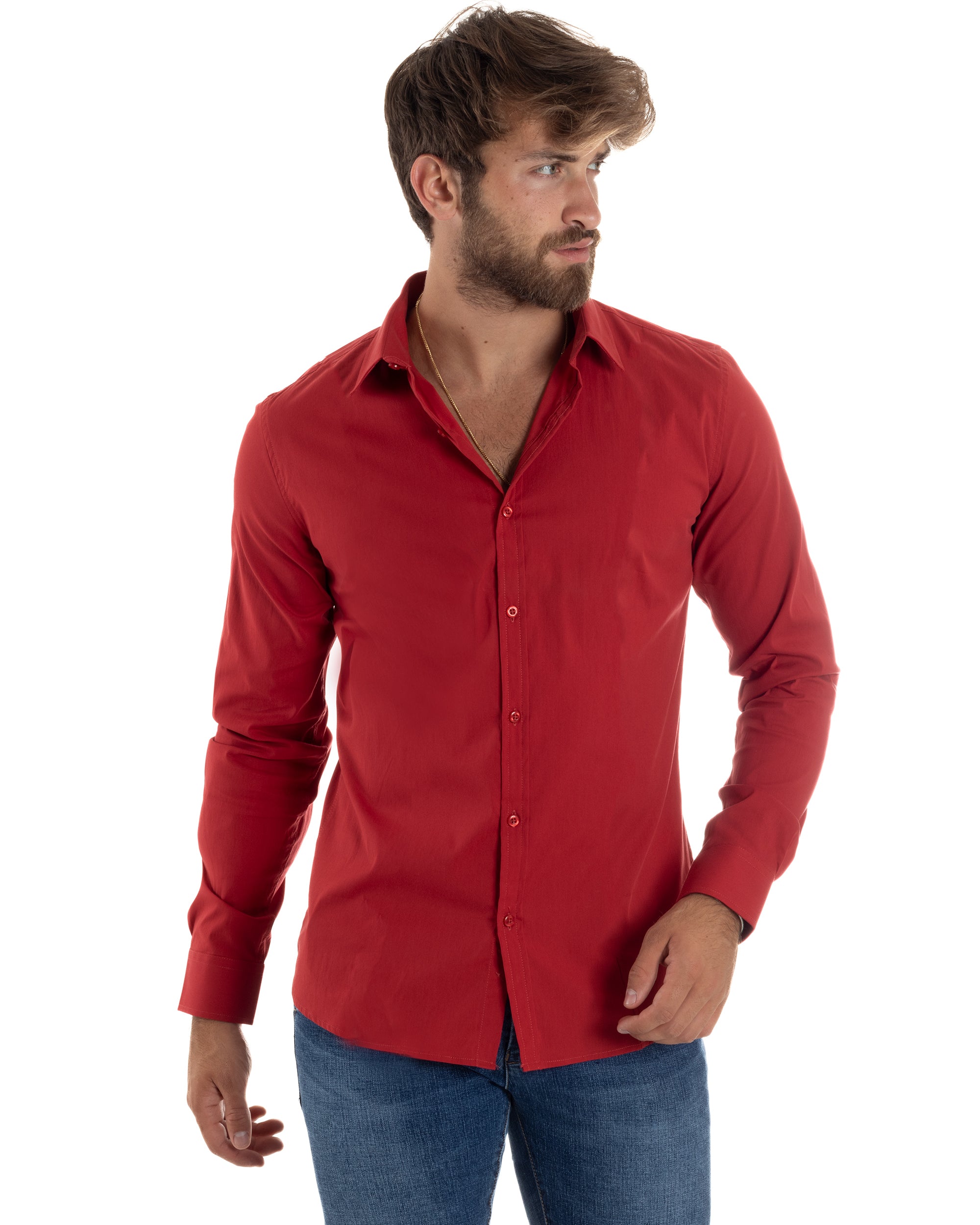 Camicia Uomo Collo Francese Basic Slim Fit Rosso C2975A