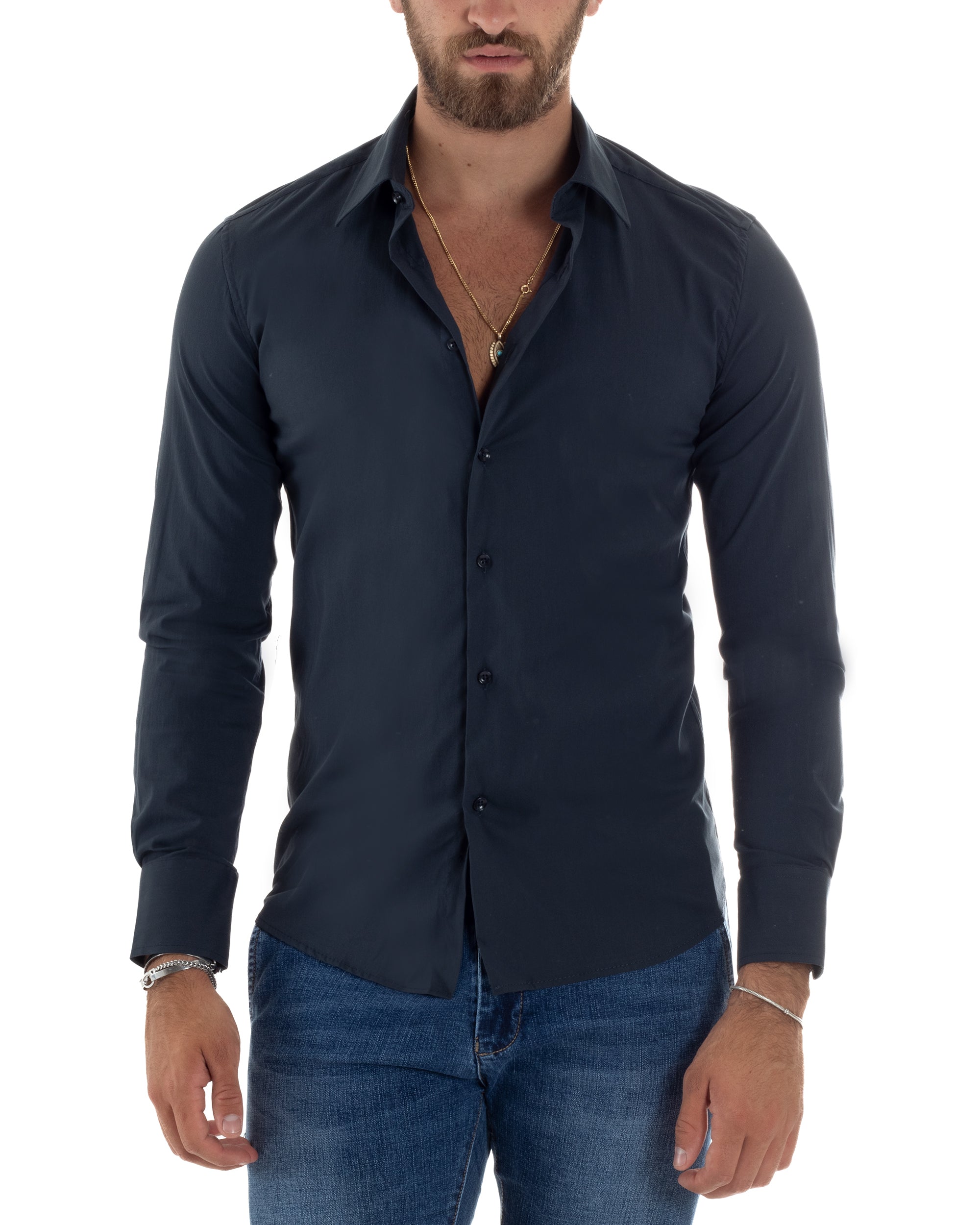 Camicia Uomo Collo Francese Basic Slim Fit Blu C2977A