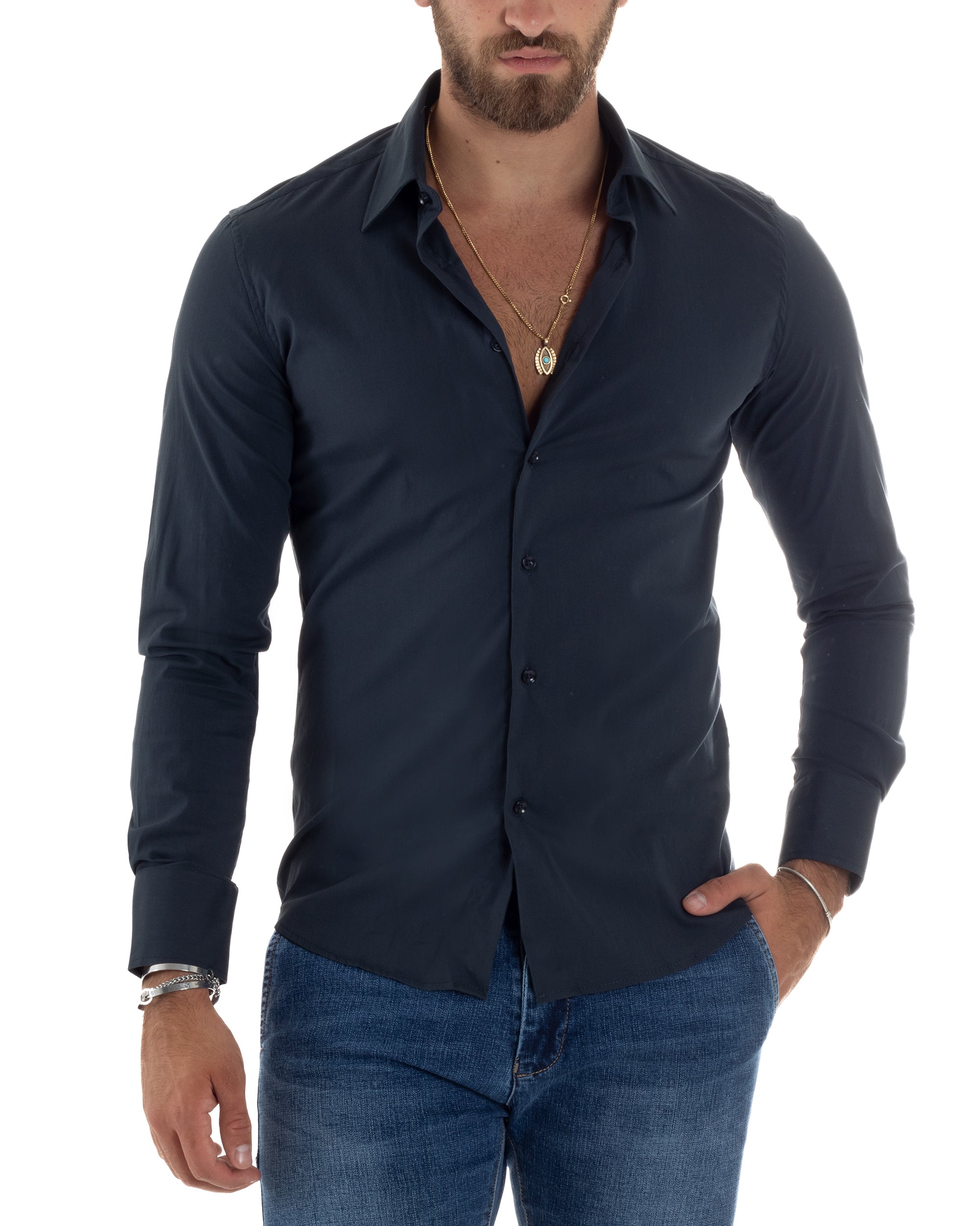 Camicia Uomo Collo Francese Basic Slim Fit Blu C2977A