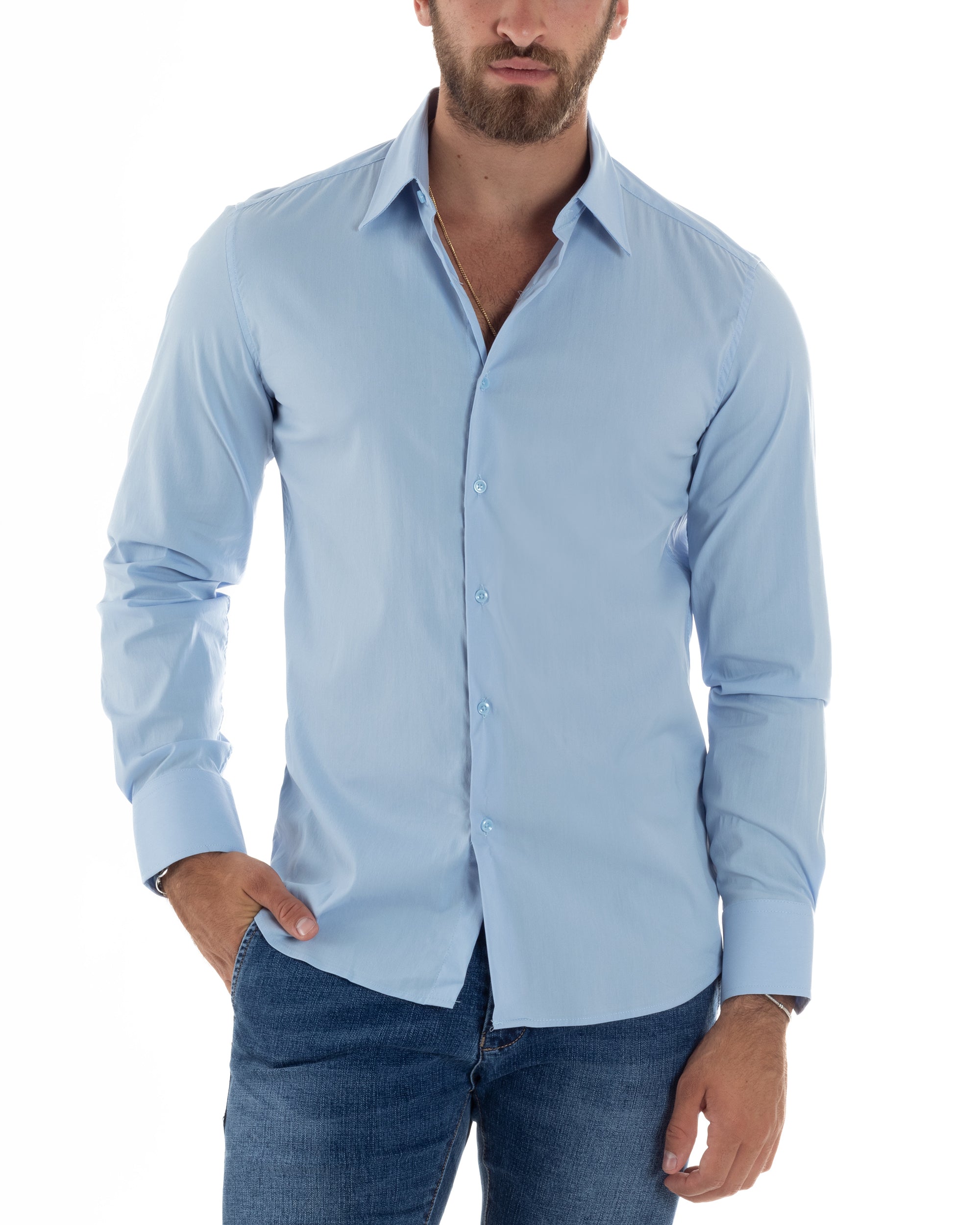 Camicia Uomo Collo Francese Basic Slim Fit Celeste C2978A
