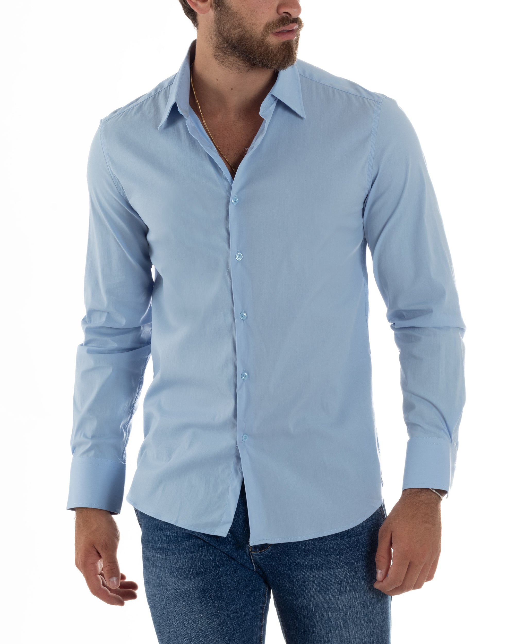 Camicia Uomo Collo Francese Basic Slim Fit Celeste C2978A