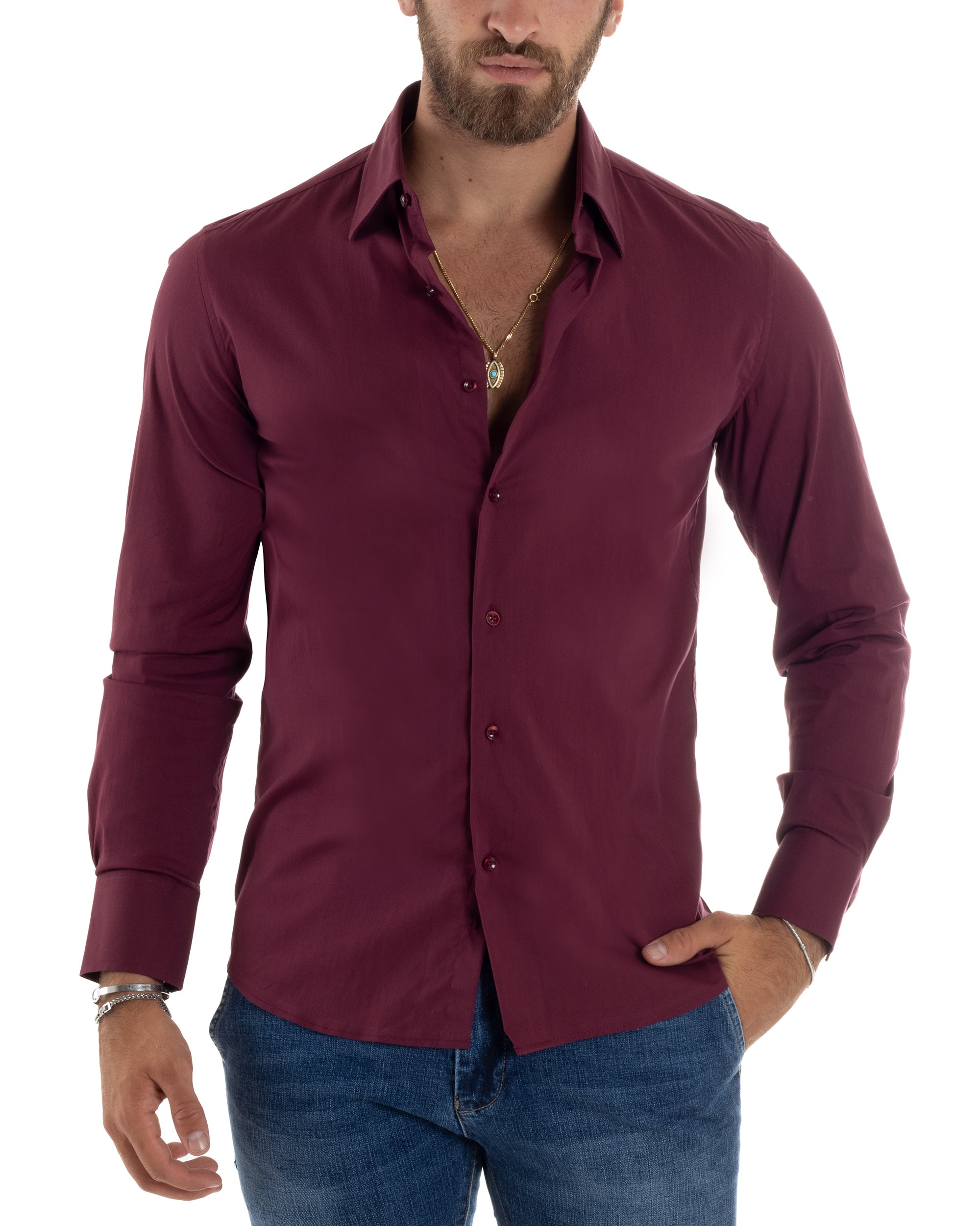 Camicia Uomo Collo Francese Basic Slim Fit Bordeaux C2979A