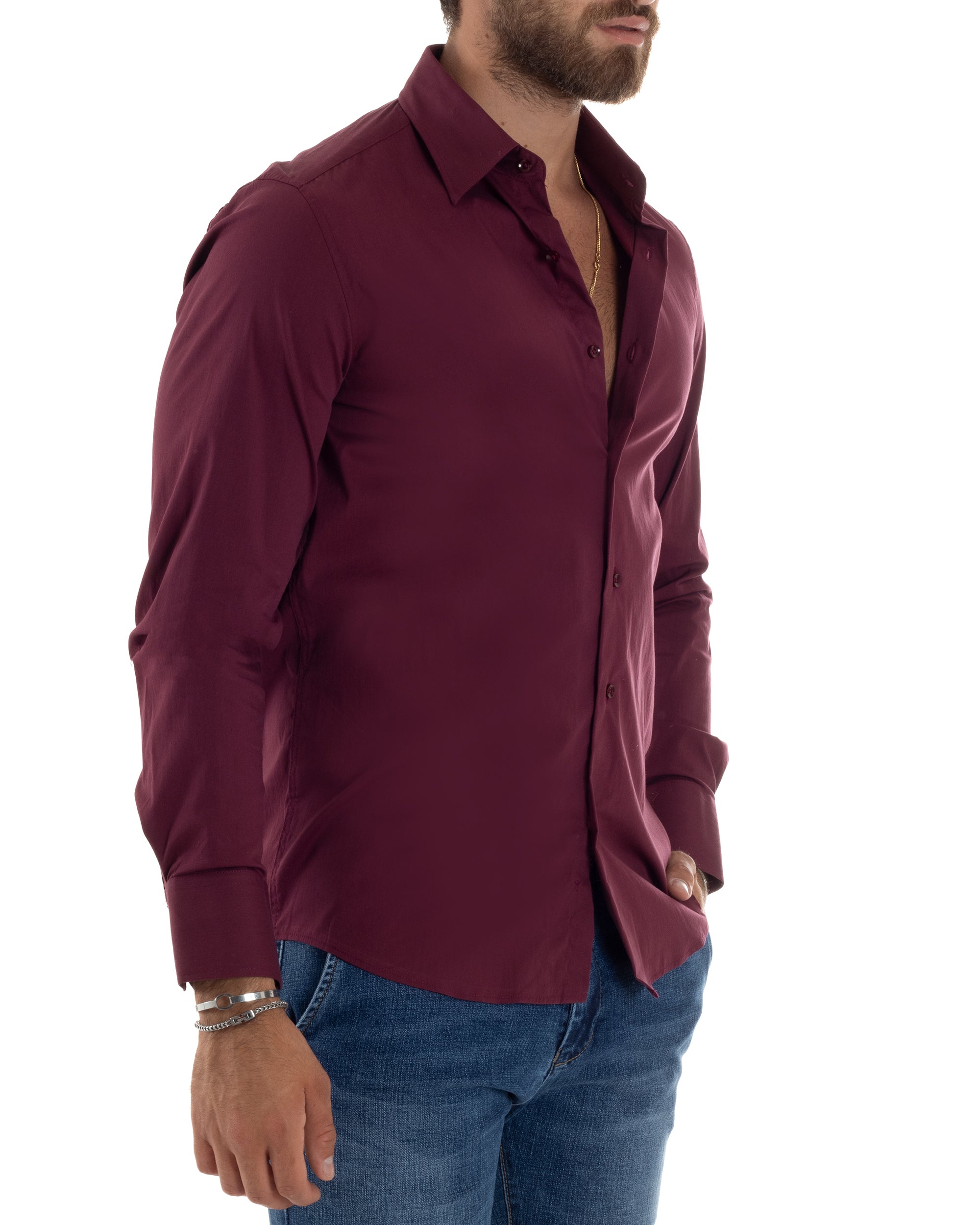 Camicia Uomo Collo Francese Basic Slim Fit Bordeaux C2979A