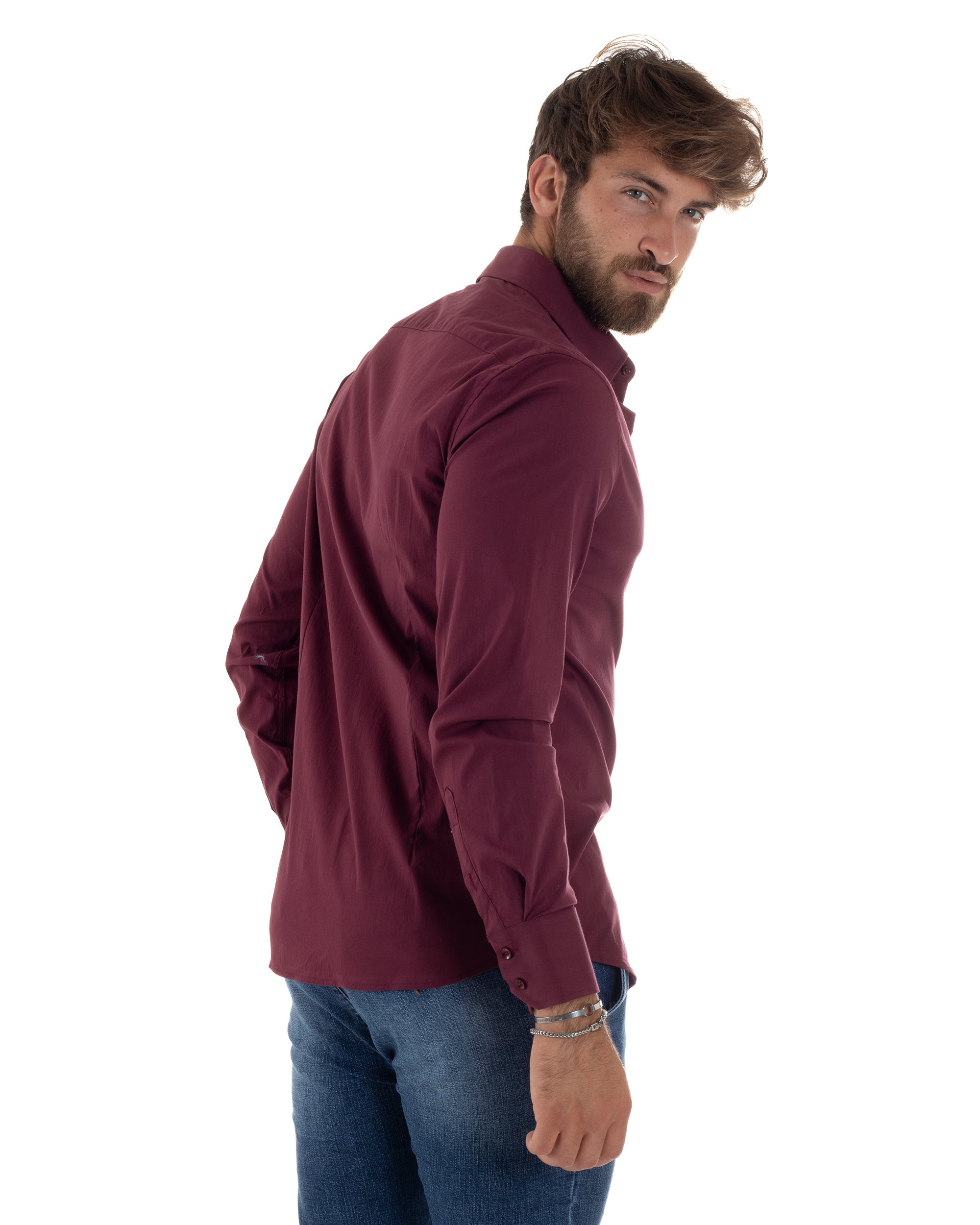 Camicia Uomo Collo Francese Basic Slim Fit Bordeaux C2979A