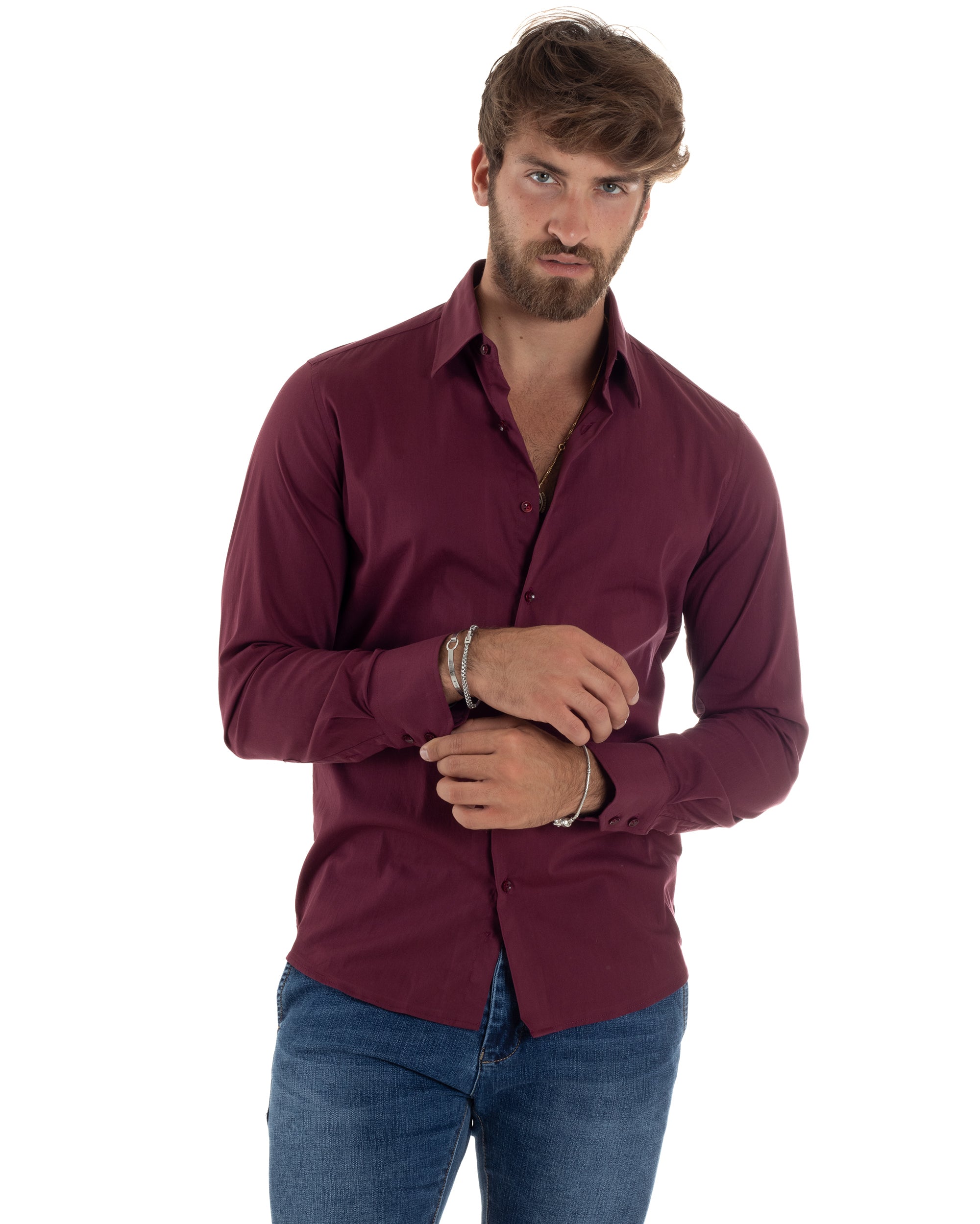 Camicia Uomo Collo Francese Basic Slim Fit Bordeaux C2979A