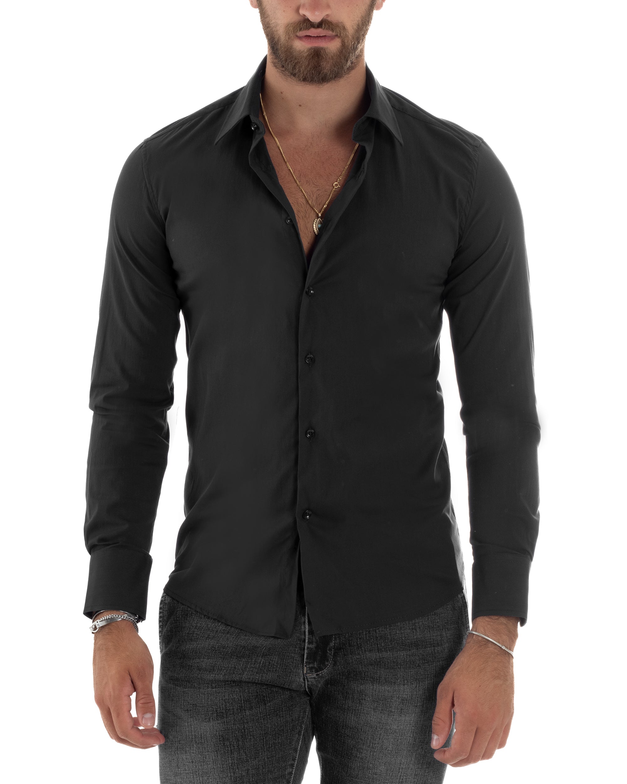Camicia Uomo Collo Francese Basic Slim Fit Nero C2980A