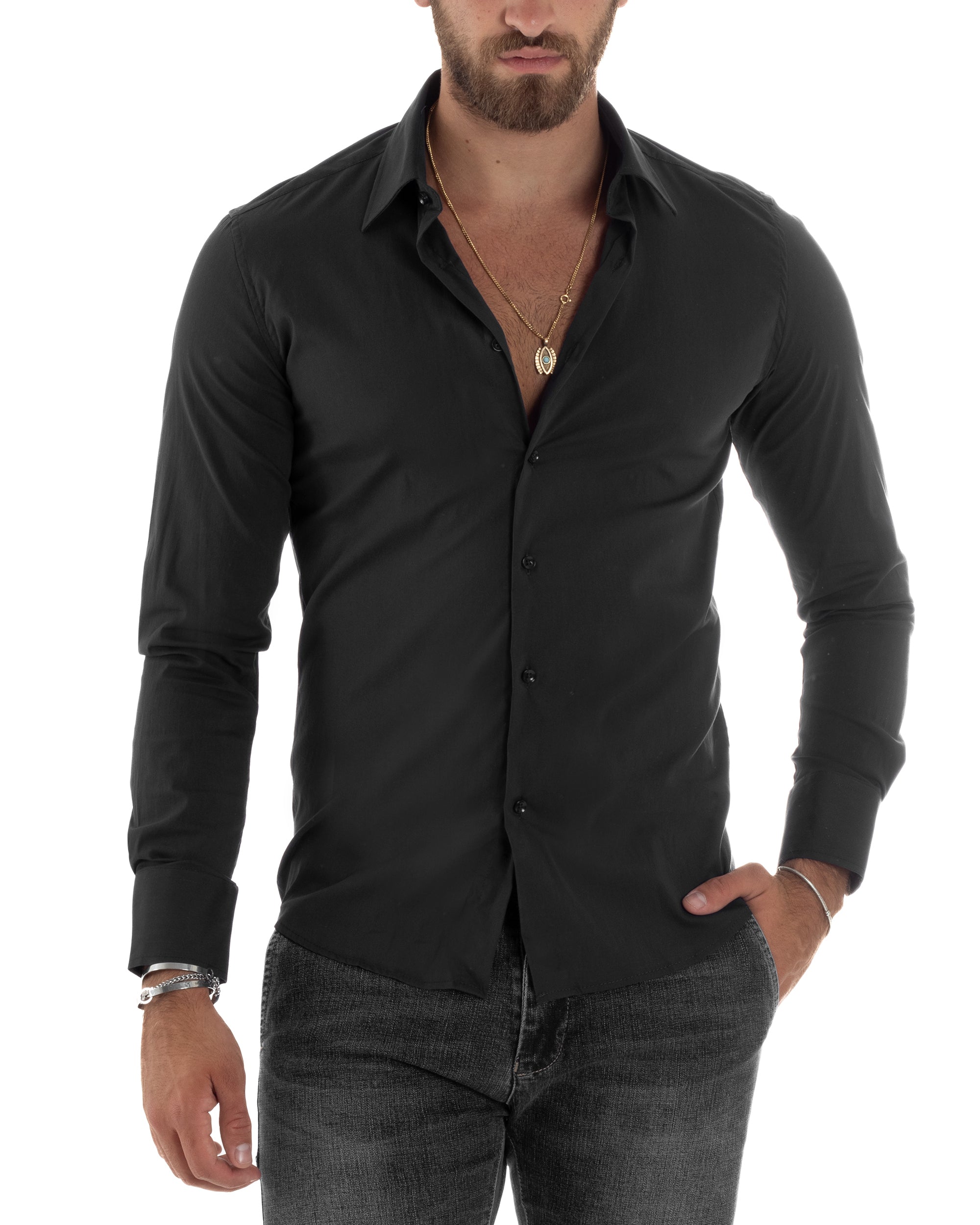 Camicia Uomo Collo Francese Basic Slim Fit Nero C2980A