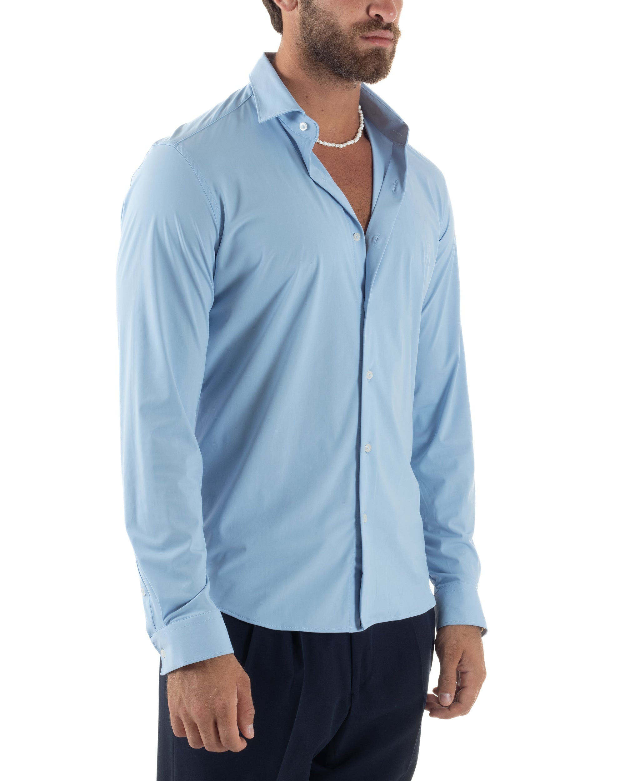 Camicia Uomo Tessuto No Stiro Basic Colletto Semi-Francese Slim Fit Casual Morbida Leggera Tinta Unita Celeste GIOSAL-C2992A