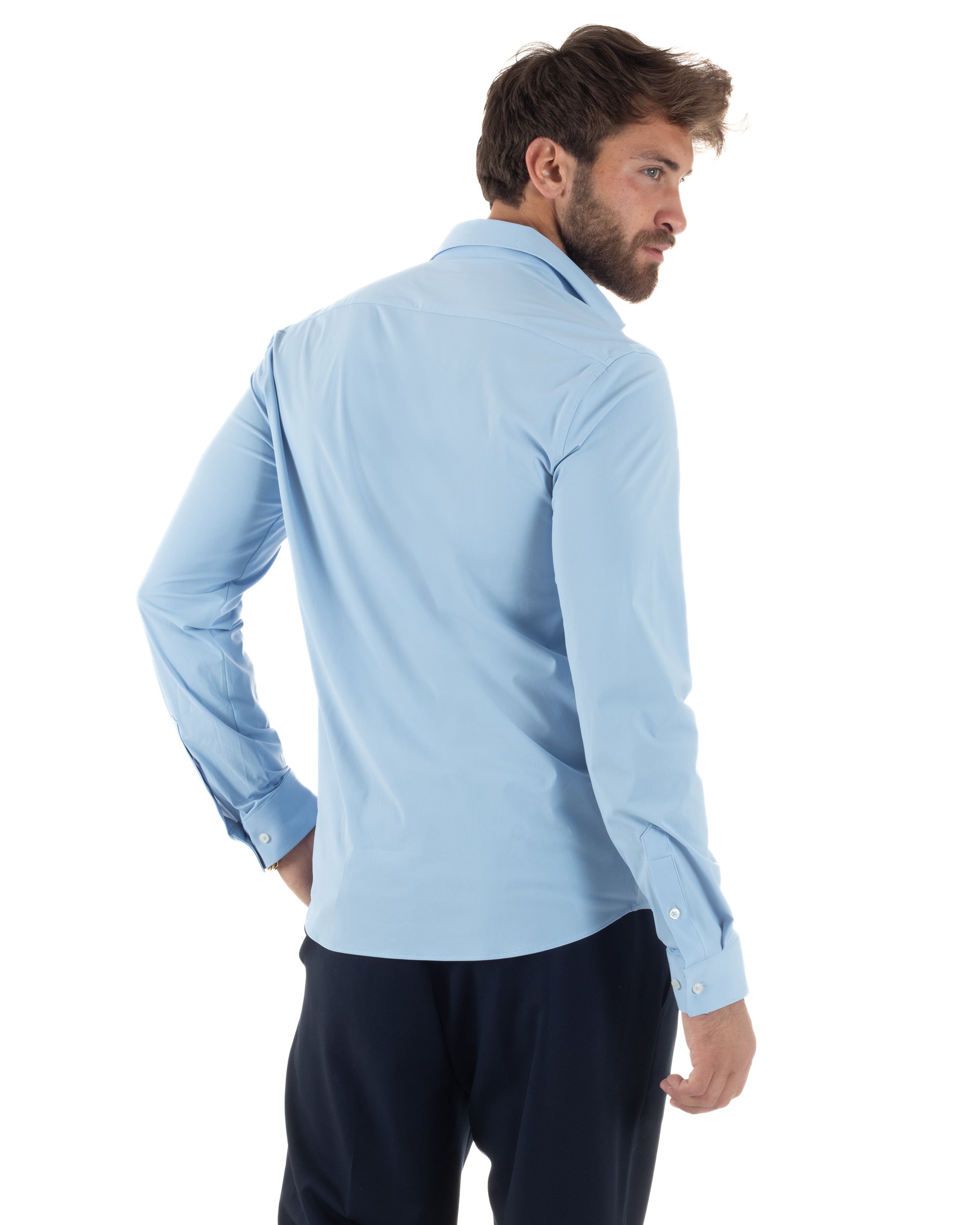 Camicia Uomo Tessuto No Stiro Basic Colletto Semi-Francese Slim Fit Casual Morbida Leggera Tinta Unita Celeste GIOSAL-C2992A