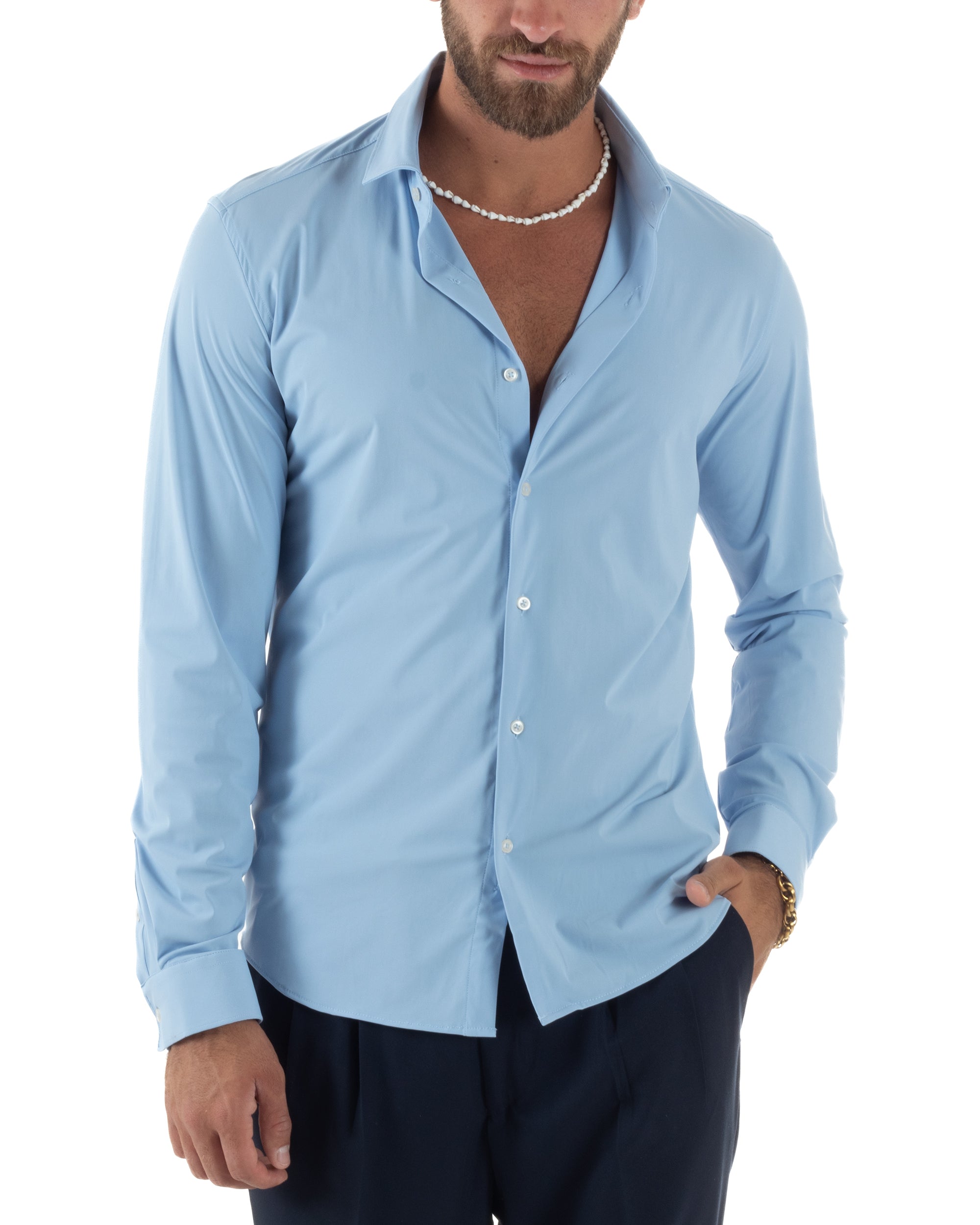 Camicia Uomo Tessuto No Stiro Basic Colletto Semi-Francese Slim Fit Casual Morbida Leggera Tinta Unita Celeste GIOSAL-C2992A
