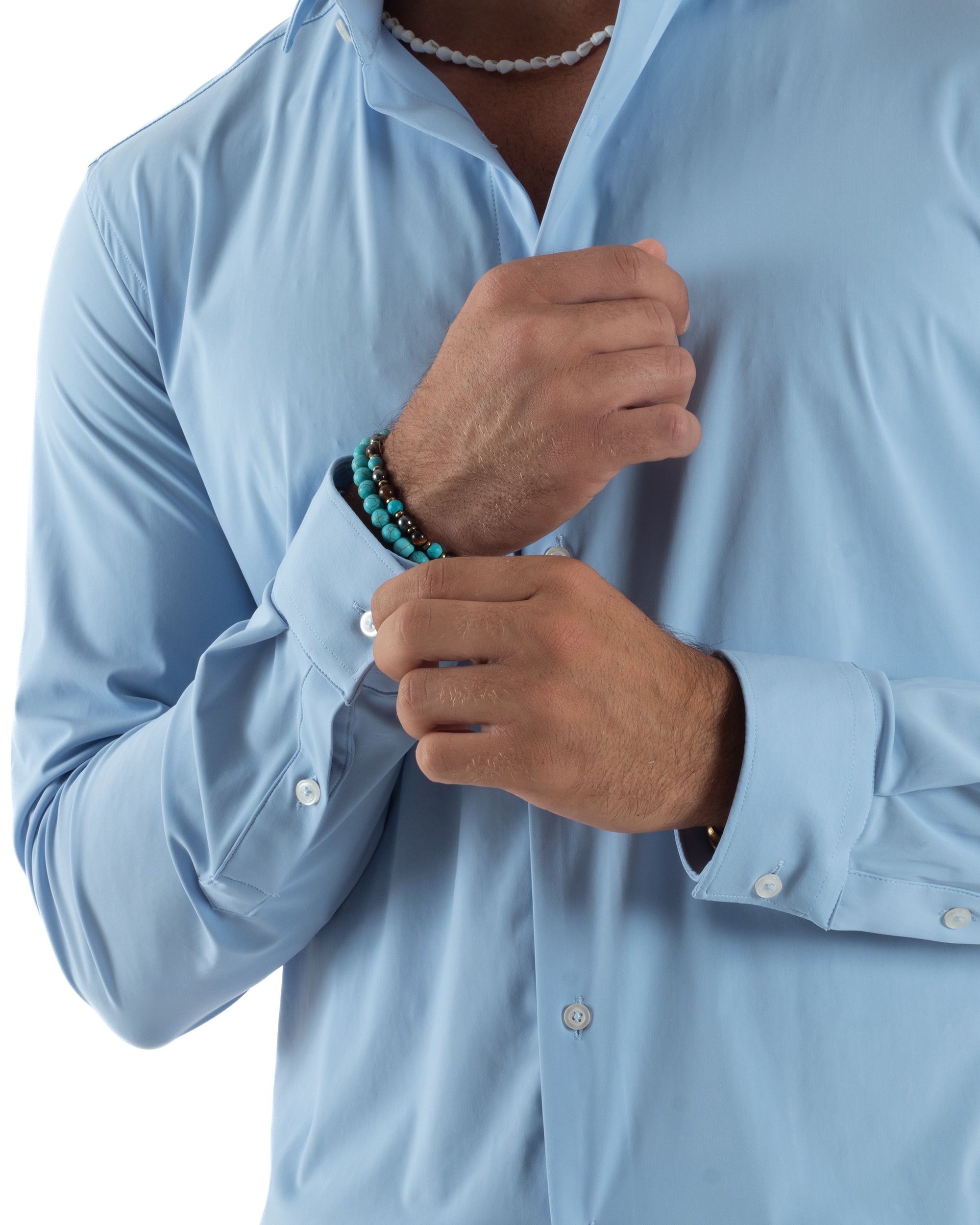 Camicia Uomo Tessuto No Stiro Basic Colletto Semi-Francese Slim Fit Casual Morbida Leggera Tinta Unita Celeste GIOSAL-C2992A