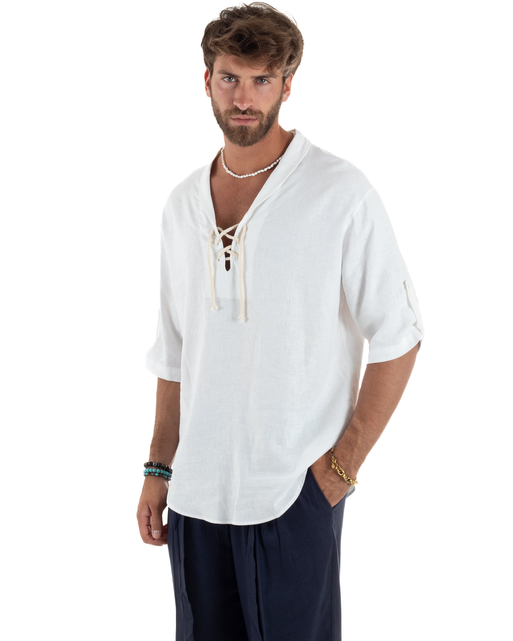 Camicia Lino Casacca Manica 3/4 Scollo V C2994A