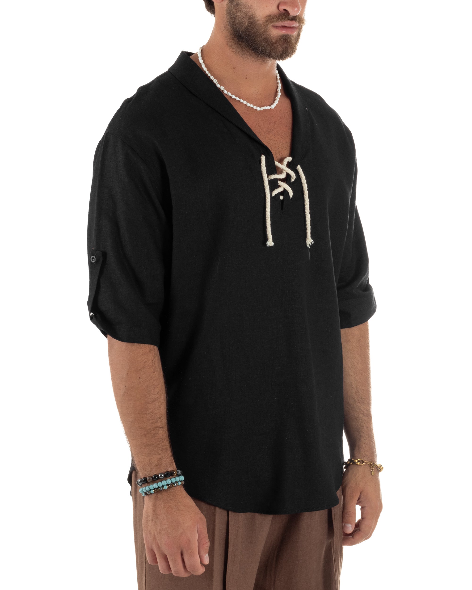 Camicia lino casacca maniche 3/4 scollo lacci nero GIOSAL-C2995A