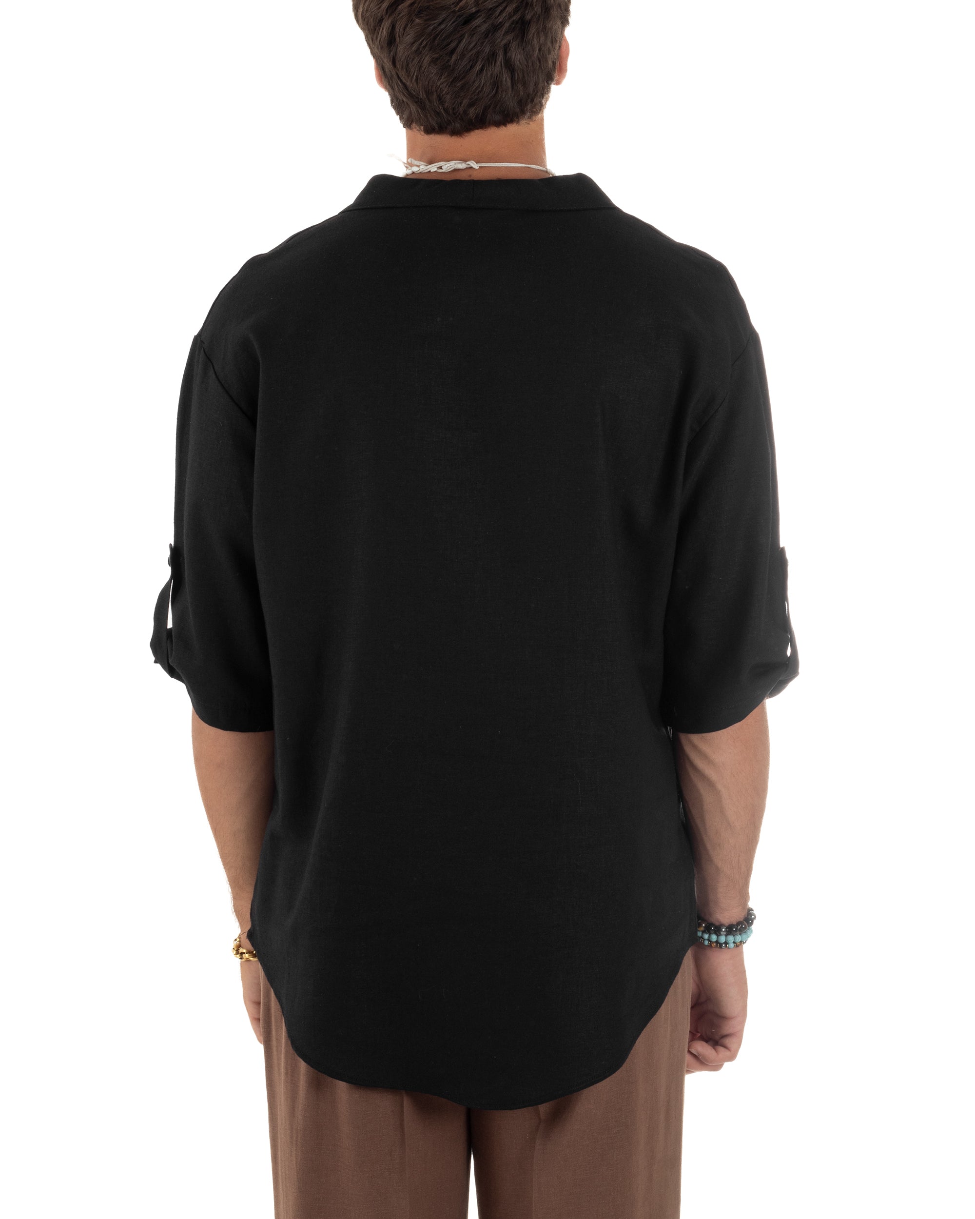 Camicia lino casacca maniche 3/4 scollo lacci nero GIOSAL-C2995A