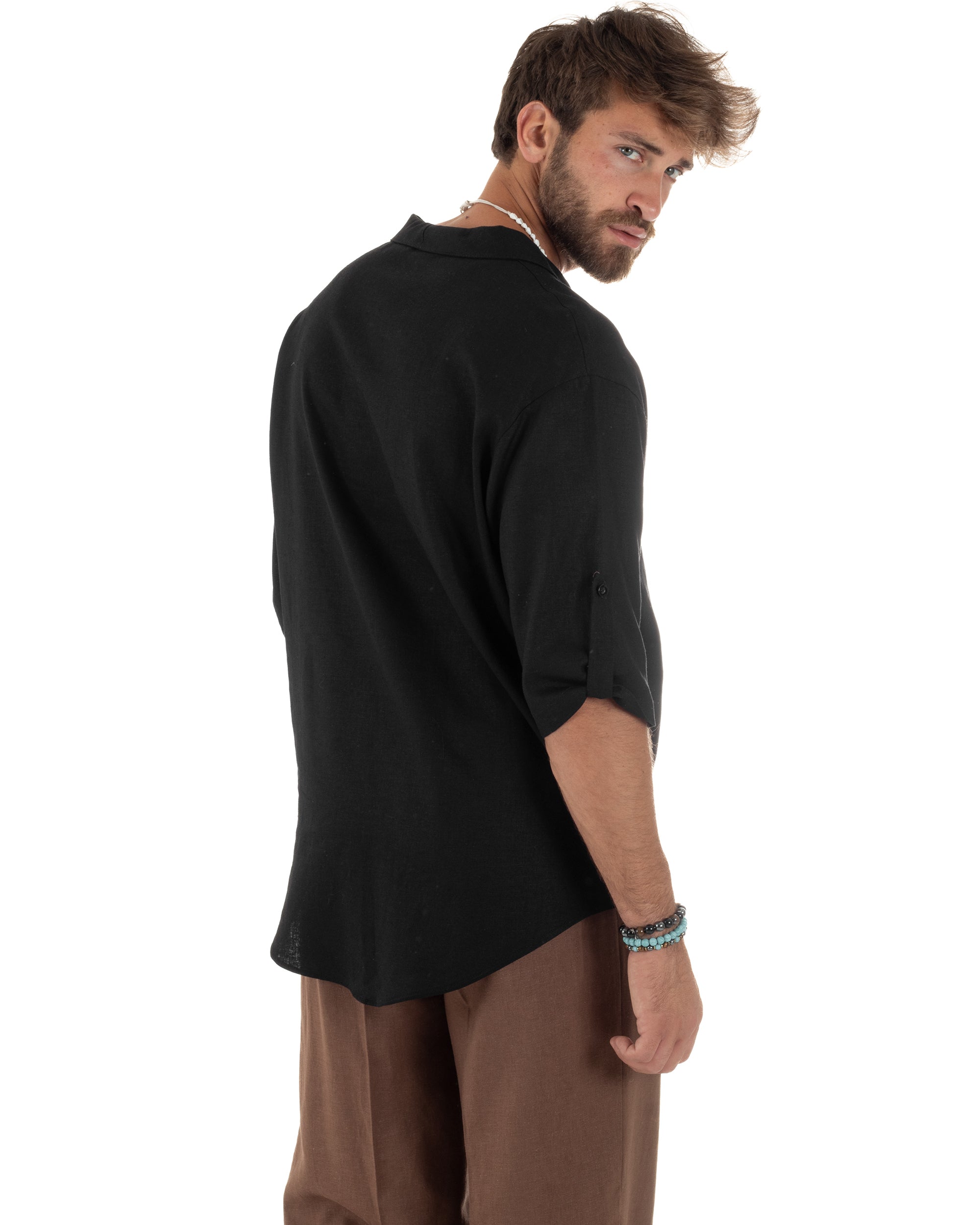 Camicia lino casacca maniche 3/4 scollo lacci nero GIOSAL-C2995A