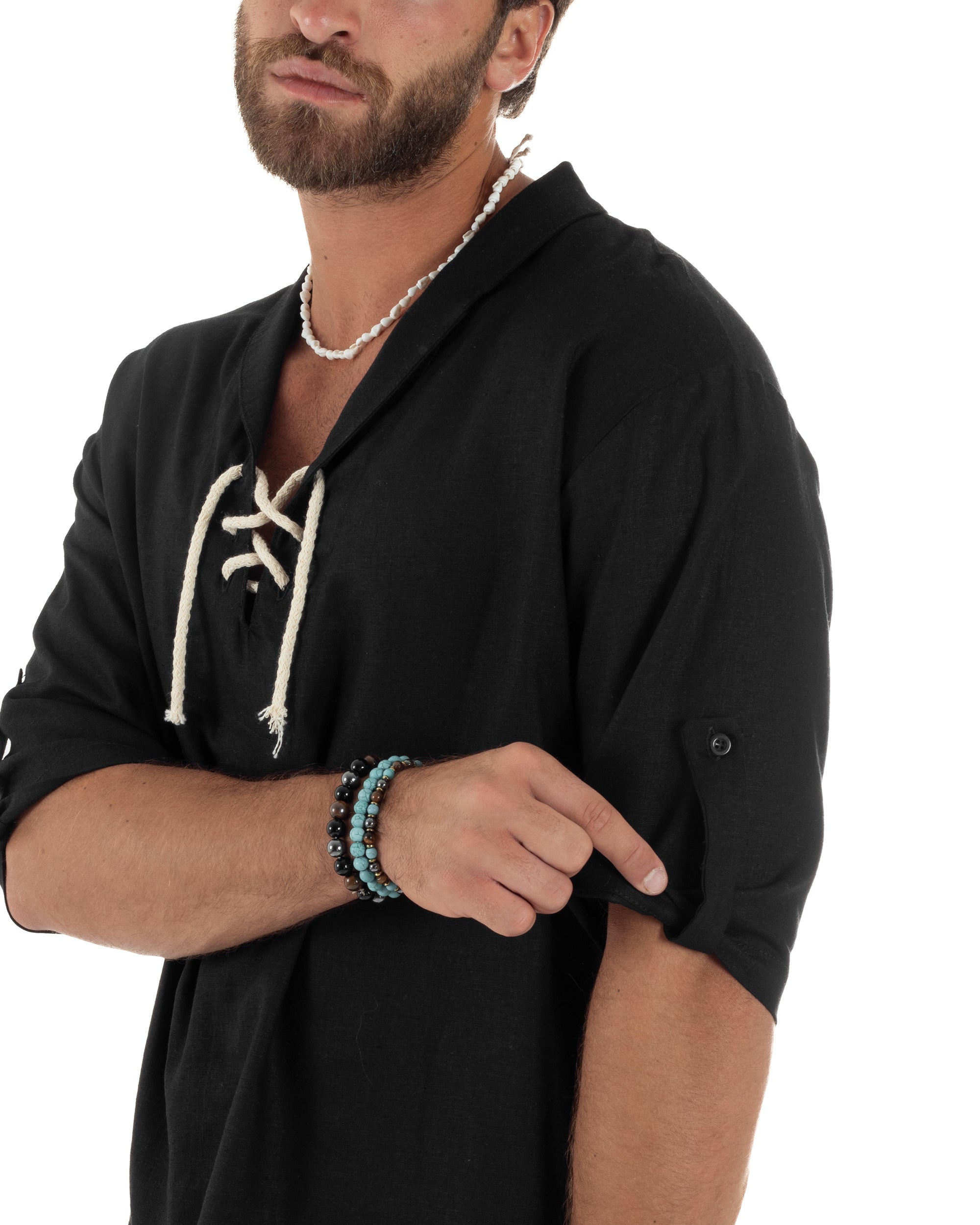 Camicia lino casacca maniche 3/4 scollo lacci nero GIOSAL-C2995A