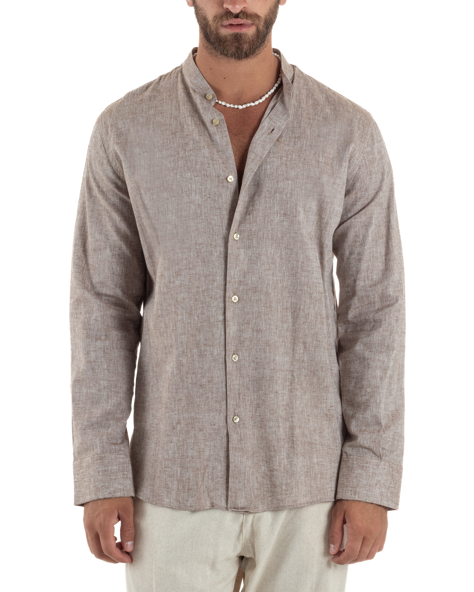 Camicia Lino Melangiata Collo Coreano Sartoriale C3001A