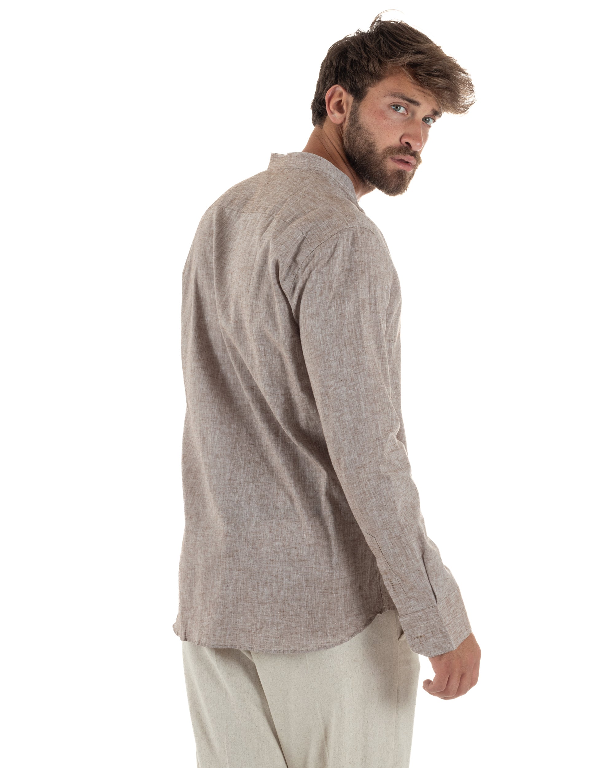 Camicia Lino Melangiata Collo Coreano Sartoriale C3001A