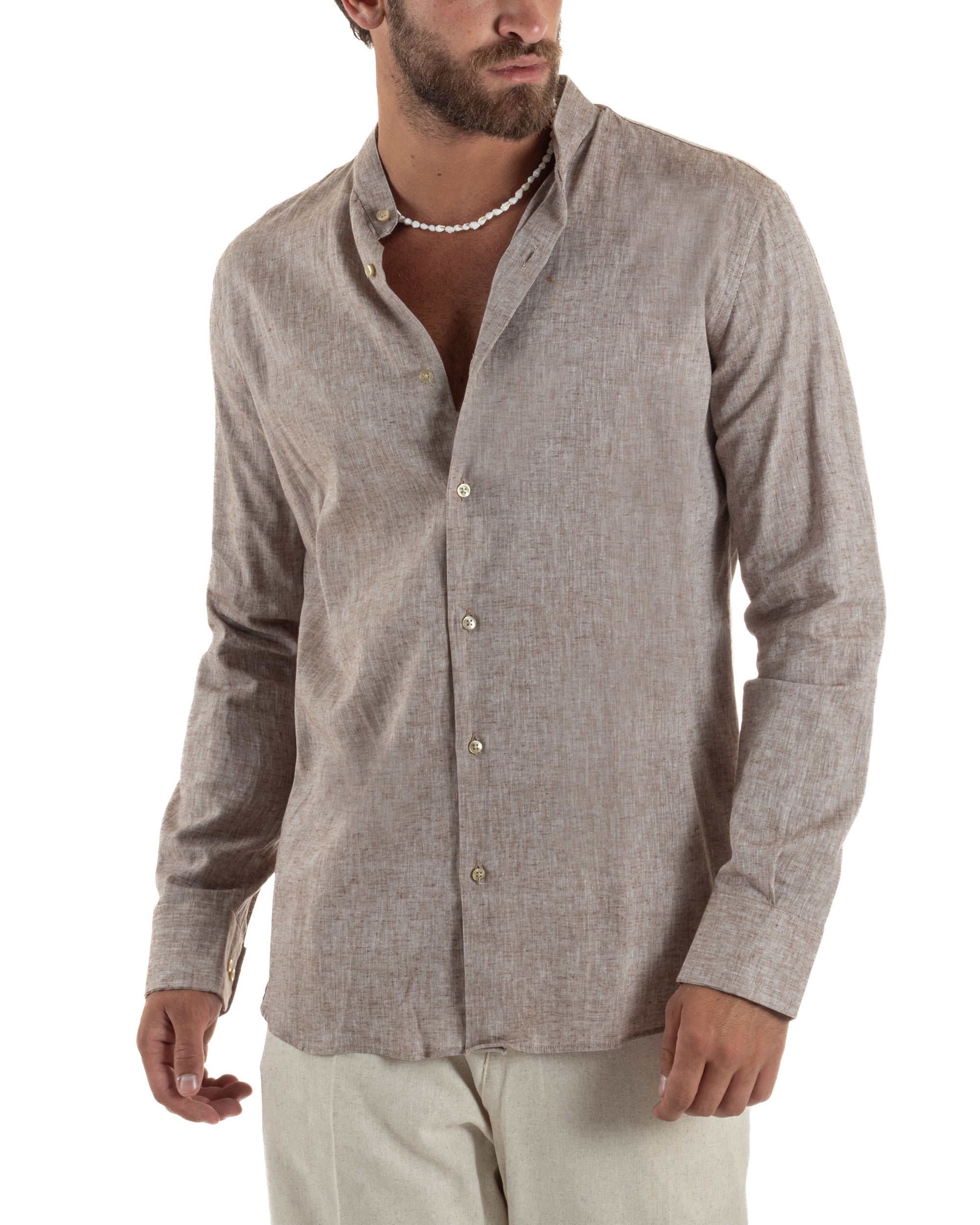 Camicia Lino Melangiata Collo Coreano Sartoriale C3001A